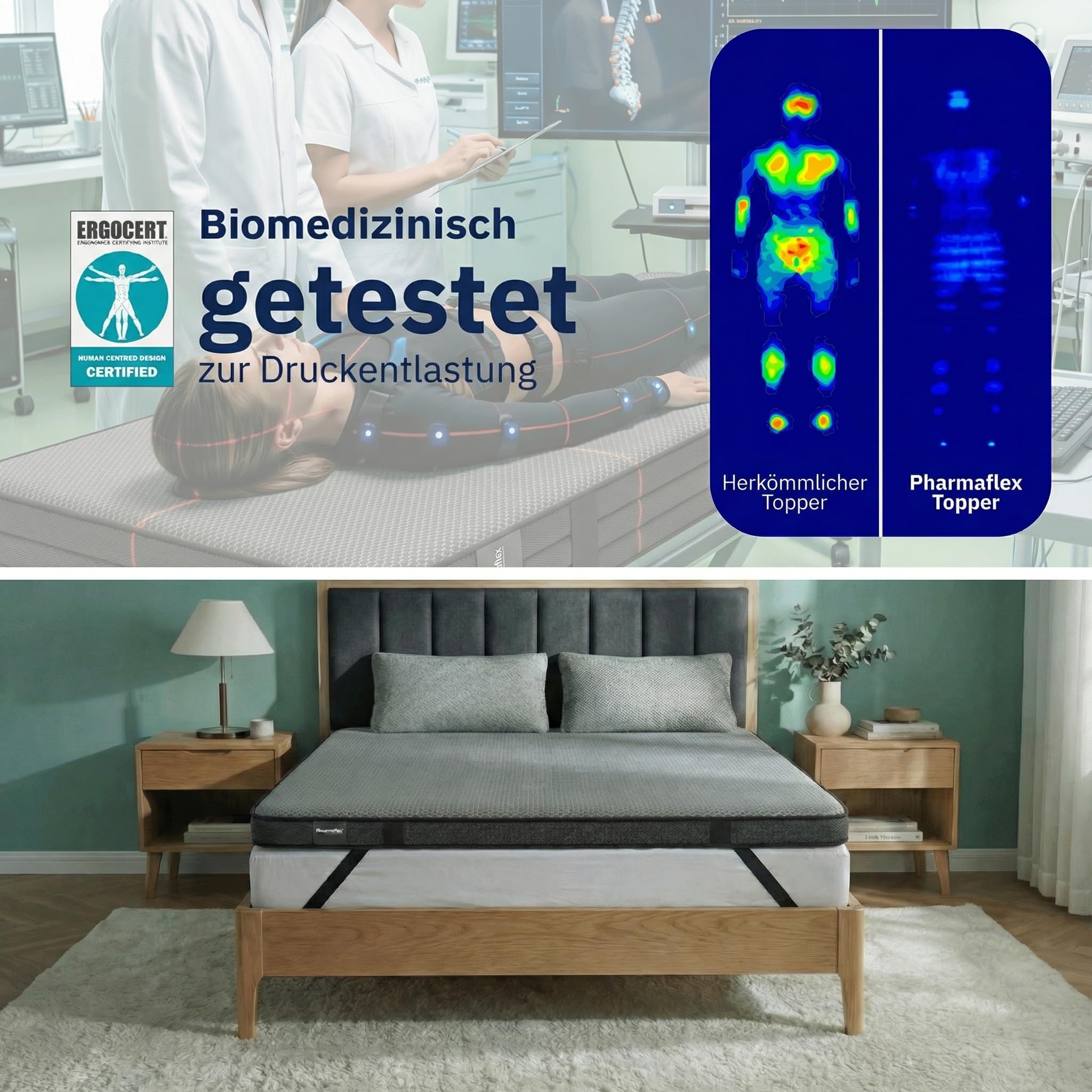 Pharmaflex Topper 160x200cm 6cm Höhe – 7 Zonen Orthopädischer 2-Schichten Memory Foam Topper H3 & H4, Druckentlastend & optimierte Druckverteilung, Abnehmbarer & Waschbarer Bezug, Oeko-TEX