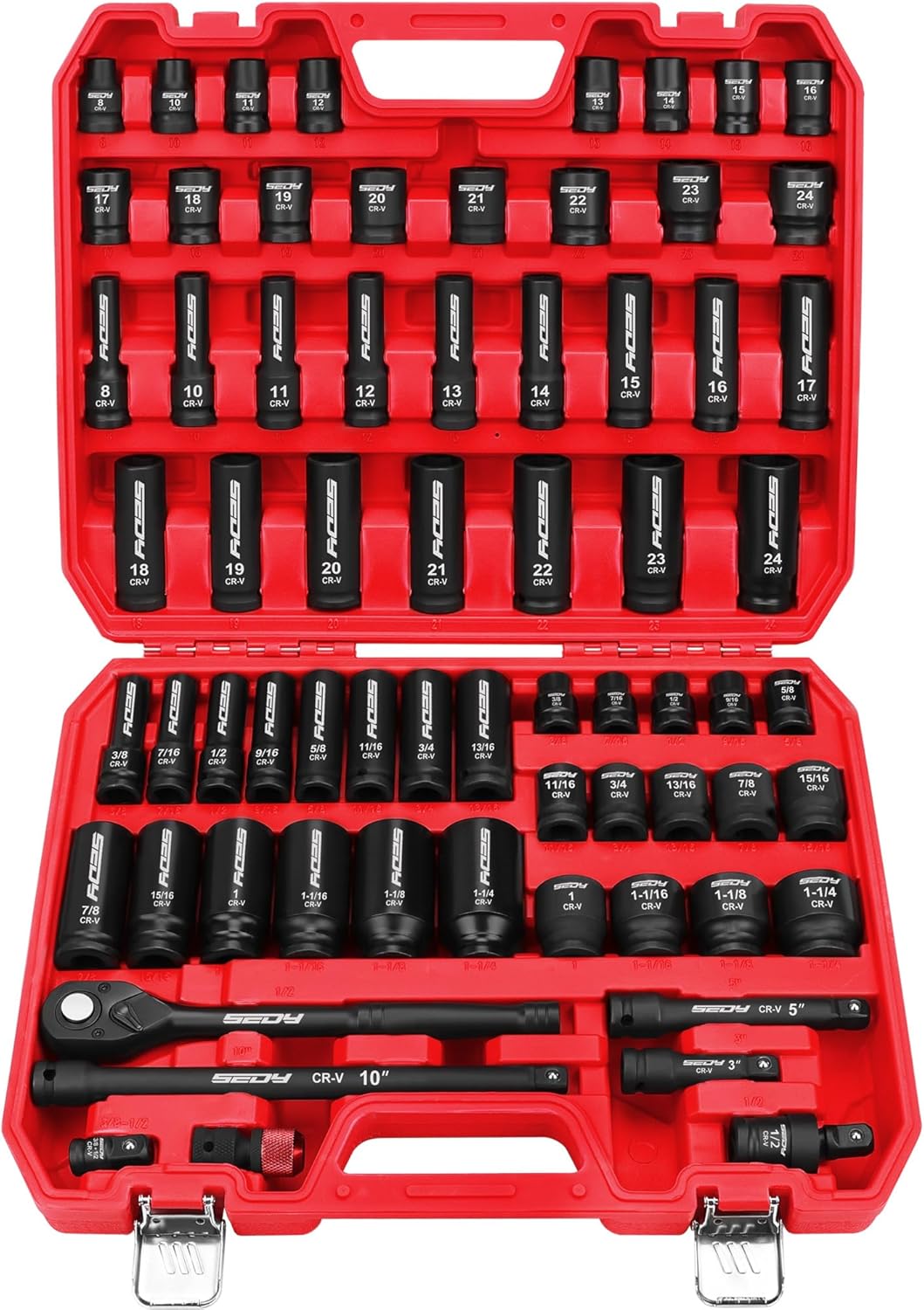 Master 1/2" Drive Impact Socket Set, 67-Piece Standard & Deep Master Impact Socket Set SAE 3/8"-1-1/4" & Metric 8-24mm Socket Set with Ratched Hand, Extension Bar, Reducer, Impact Universal Joint?Cr-V 67PCS 1/2" Drive Master Impact Socket Set