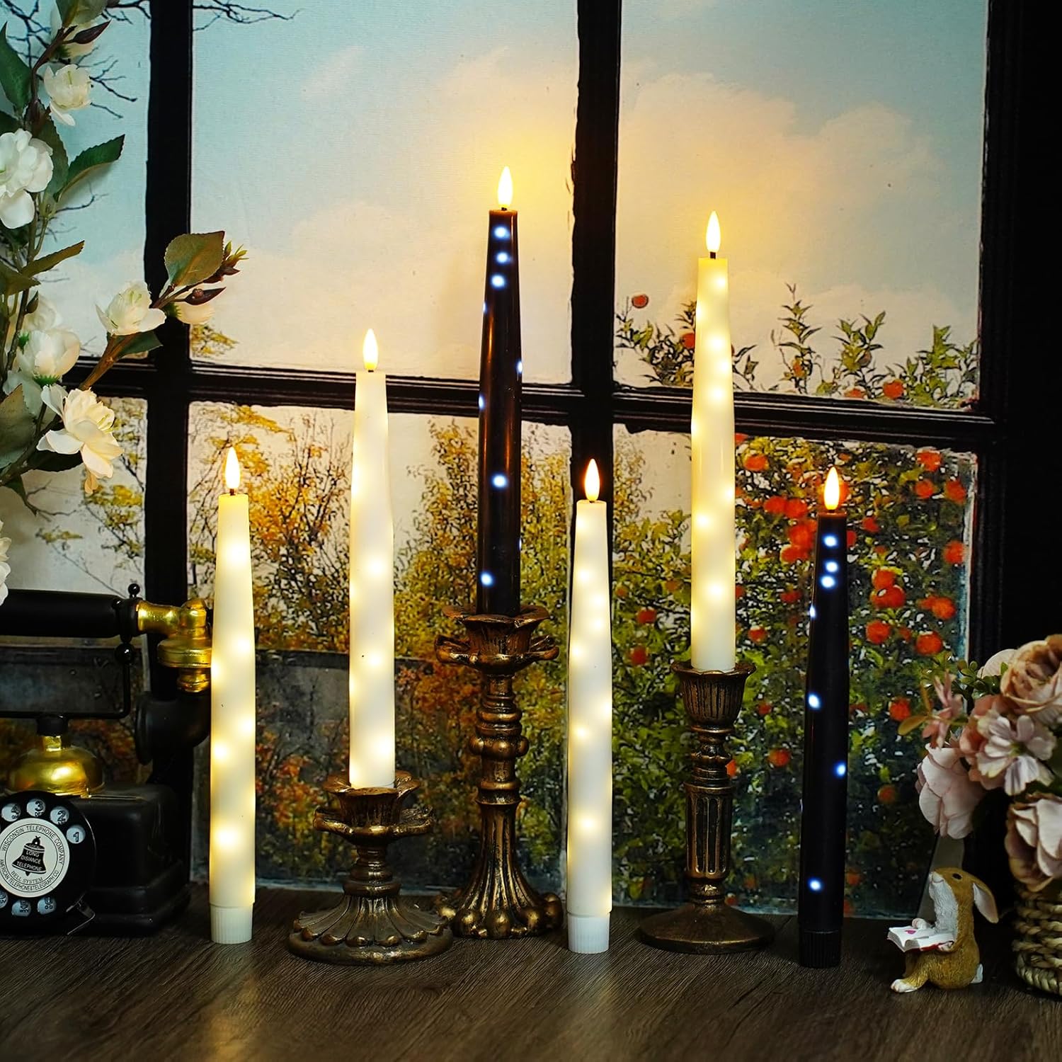 Nimiko Flameless Taper Candles with Star Lights, Remote Control, and Timer Control, Made of Real Wax, LED Battery-Powered Candles Suitable for Home, Party, and Wedding Decorations 6-Pack White