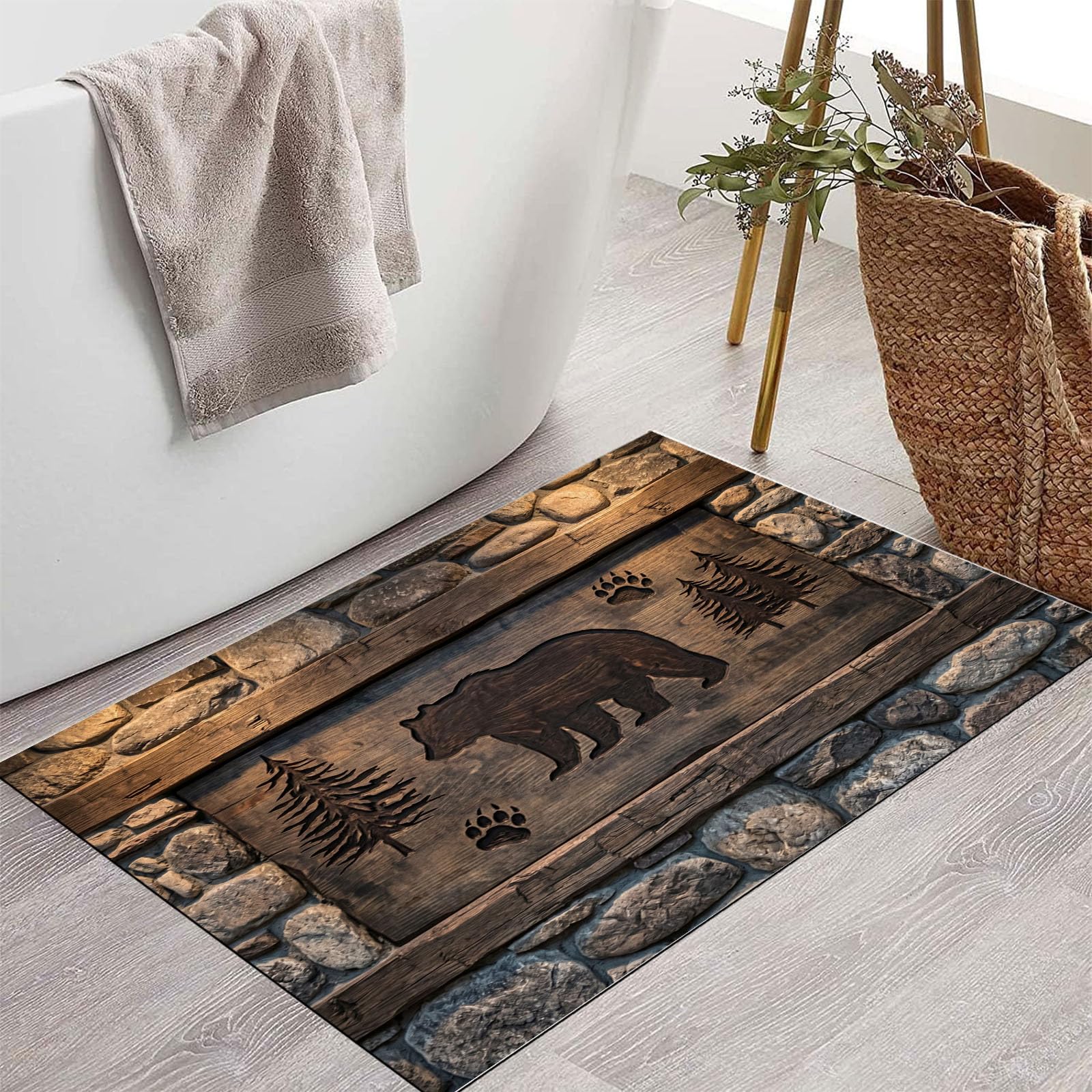 Felpudo Ultrafino Para Interiores, 80X120Cm, Talla De Madera De Oso Pardo Antiguo Alfombra Antideslizante Lavable Para Entrada, Animales Rurales Paredes Felpudo De Perfil Bajo, Atrapa Suciedad, Marrón
