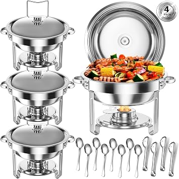 Round Chafing Dishes for Buffet 5 Qt,High Grade Chafing Dish Buffet Set with Stainless Steel Lid & Lid Holder,Full Size Pan,Food Warmers for Parties,Buffet,Wedding, Birthday 4 Pack Silver