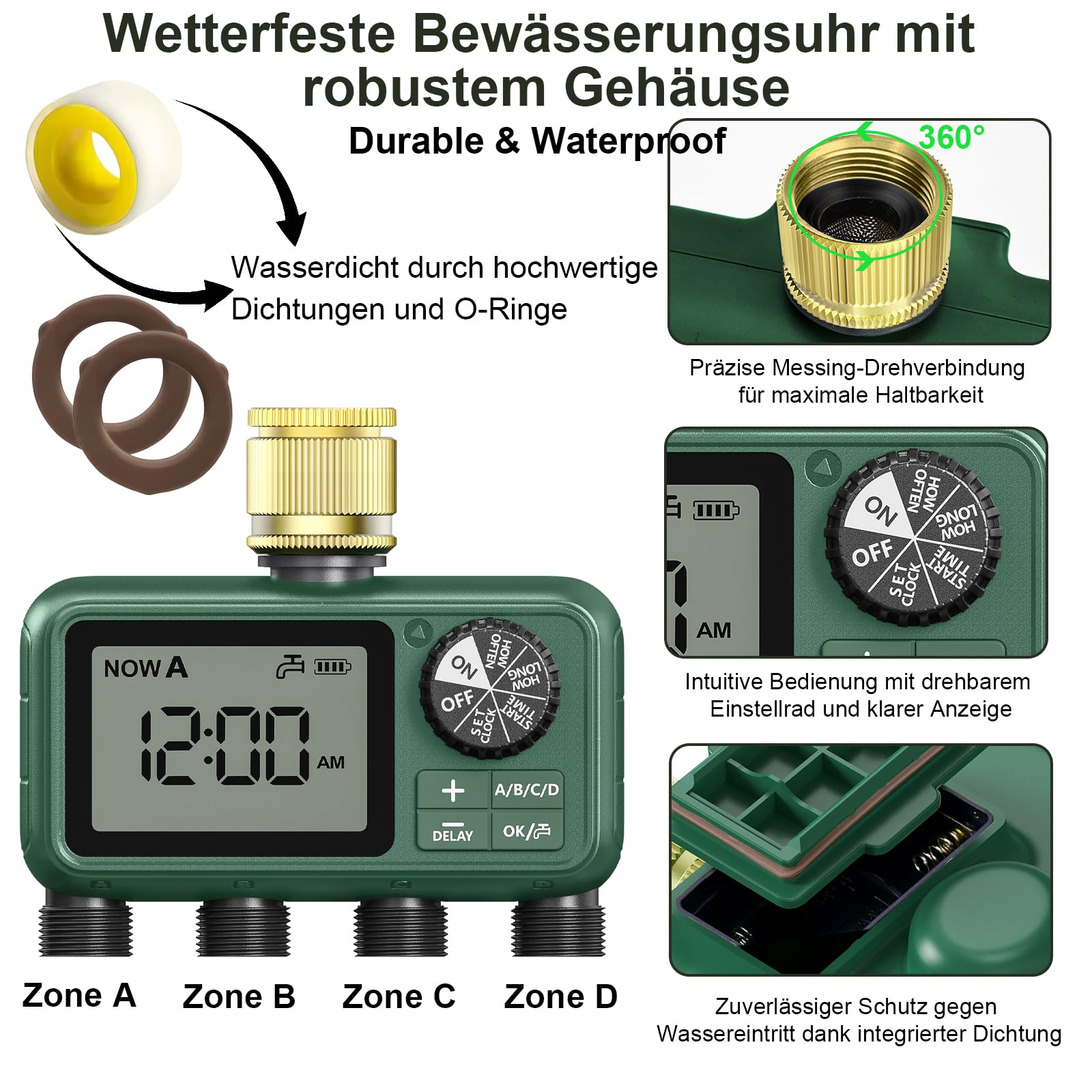Sterownik nawadniania, 4 wyjścia, mosiężny wlot, duży wyświetlacz LCD, zegar nawadniający, automatyczne nawadnianie, zegar sterujący z opóźnieniem deszczu, ręczny zegar sterujący do ogrodu, na trawnik