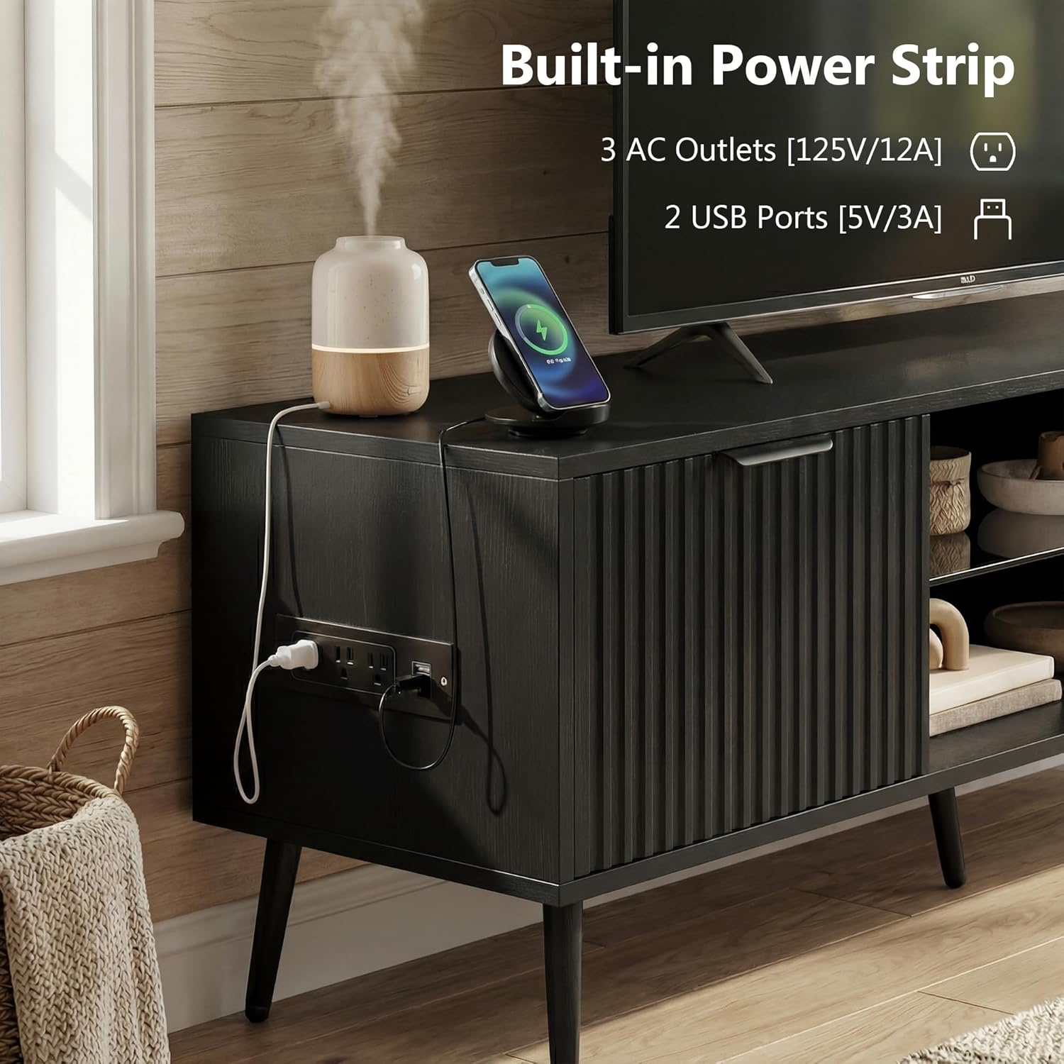 Foxemart Black TV Stand Media Console Table for 30 32 40 43 50 55 60 Inch TV, Modern Entertainment Center with Power Outlet & RGB LED Lights, Adjustable Glass Shelves for Living Room Game Room