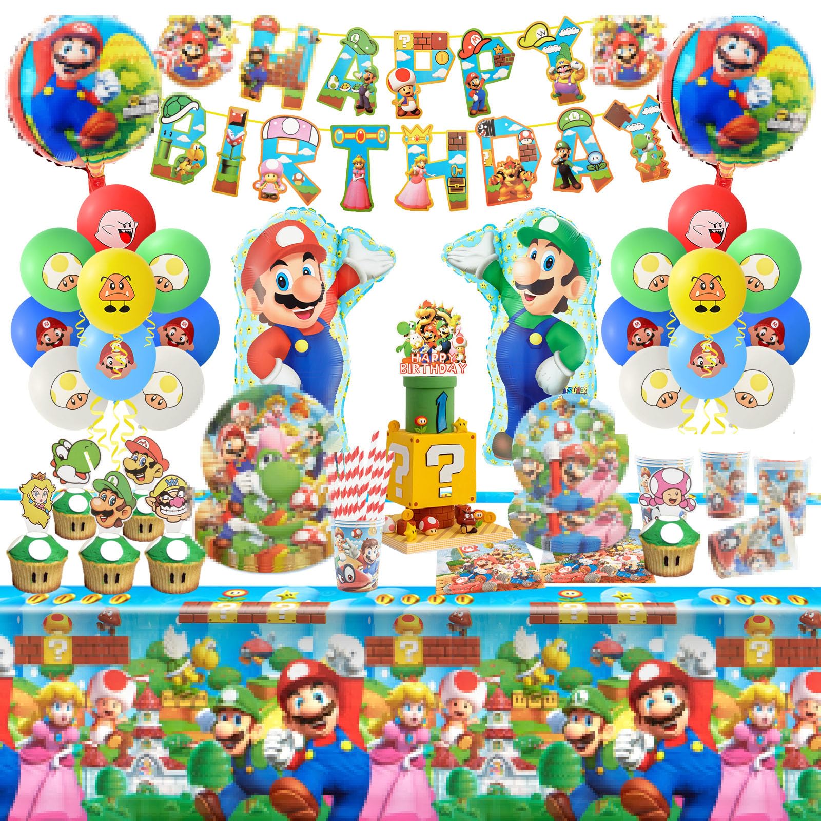 121PCS Ensemble Vaisselle Fête Kit Mari, Decoration Anniversaire Mario avec Assiette Nappe Ballon Bannière d'Anniversaire, Kit d