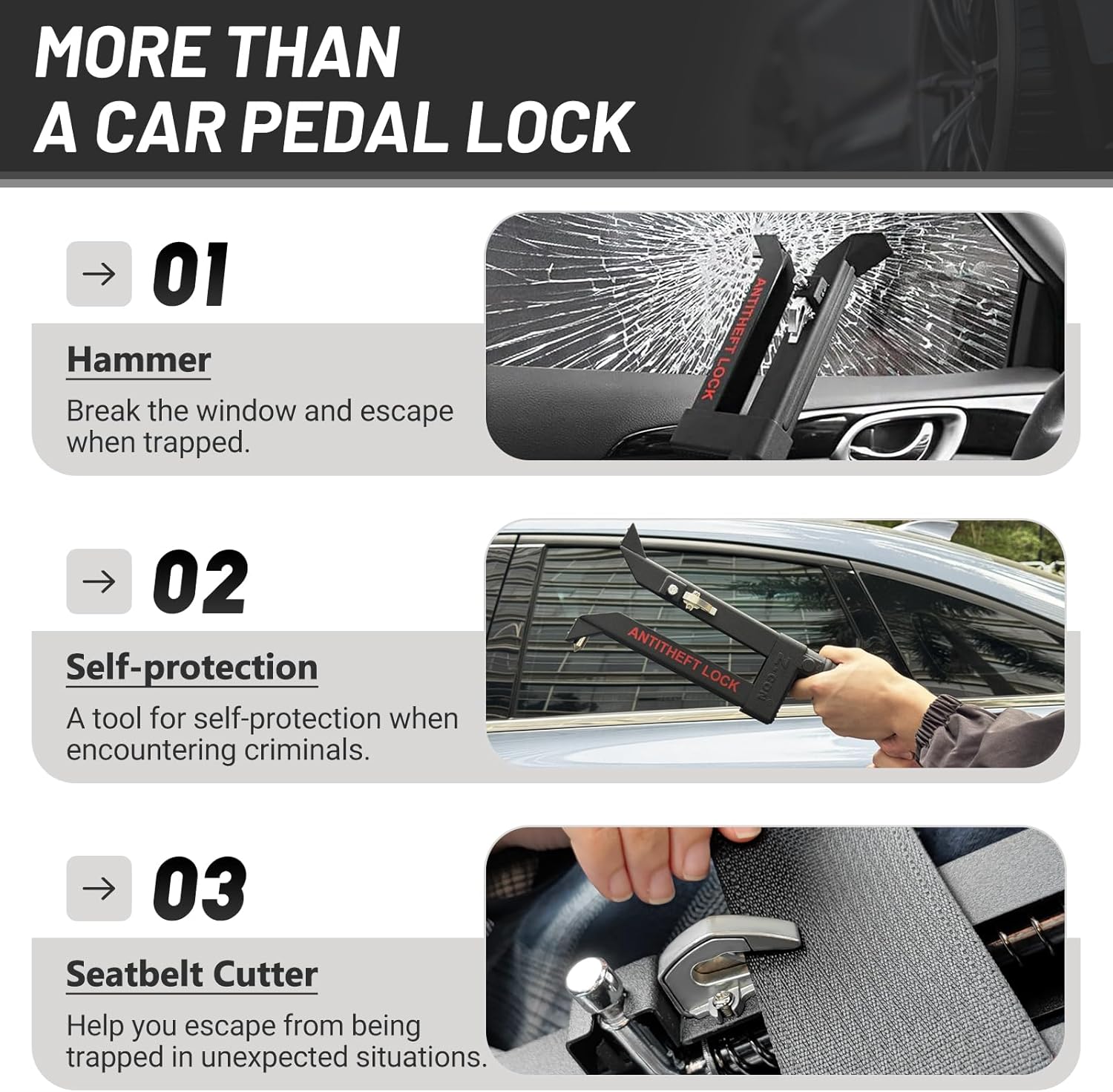 Brake Pedal Lock, Car Anti Theft Car Device Brake Clutch Lock, Heavy-Duty Stainless Car Locks Security Protection, Anti-Theft Prevention Device with Steering Wheel Sunshade for Cars/SUV/Van