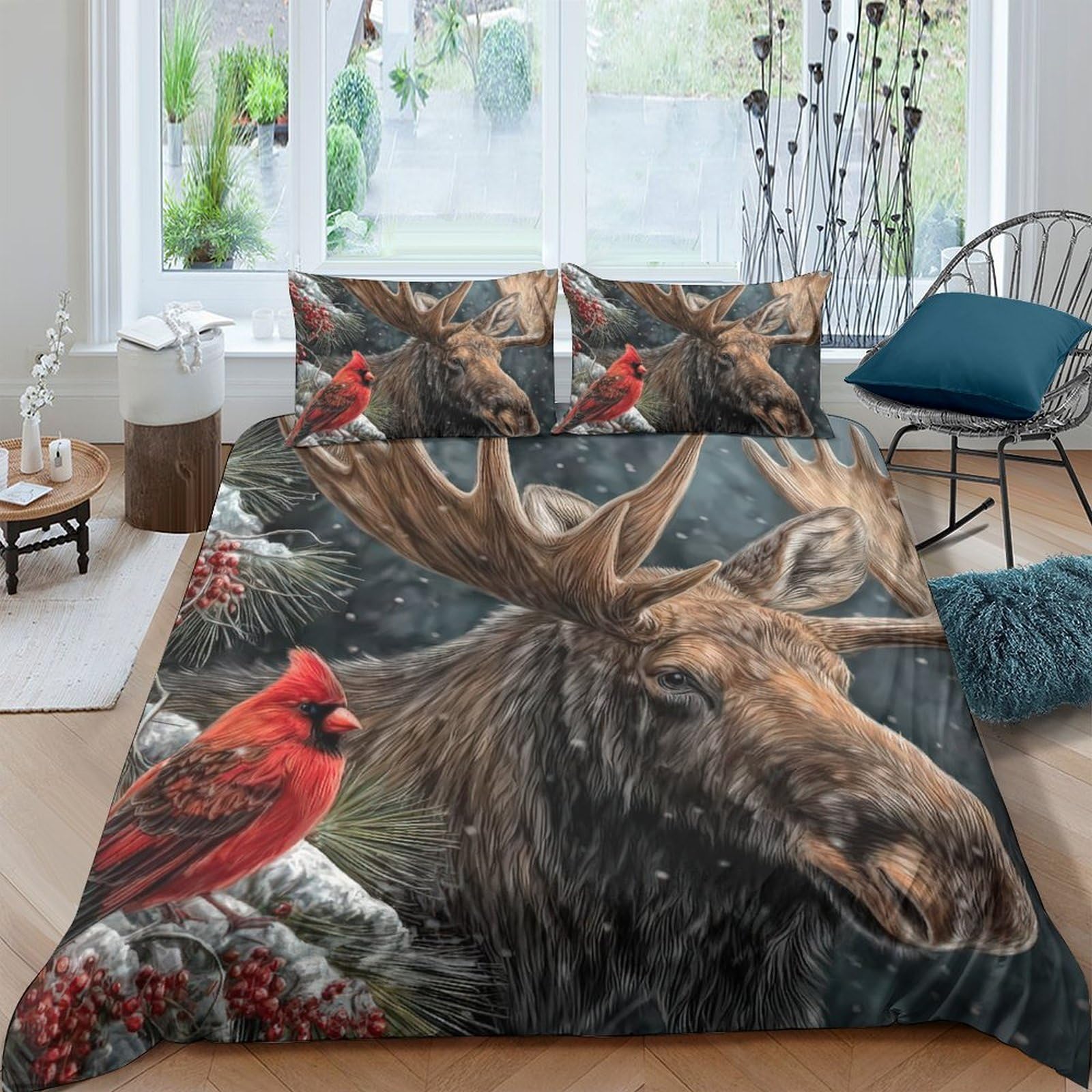 Ctjqhvkz Style-4 3D Printed Moose Forest Fitted Sheet Microfiber Soft Cardinal Bird Mattress Cover For Bedroom Guest Room Decor Single（135X200cm）