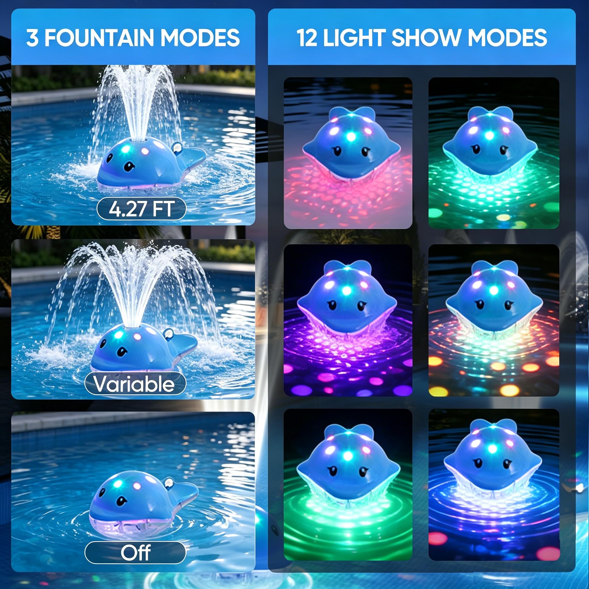 Fontana galleggiante per piscina, con telecomando, 3 modalità di spruzzo e 12 + 12 luci LED, ricaricabile, decorazione ideale per feste notturne, giardino, laghetto