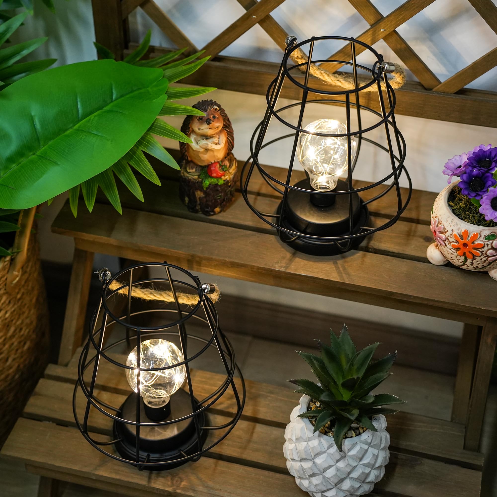 JHY DESIGN Set di 2 lanterne decorative da tavolo a forma di gabbia, alte 22 cm, alimentate a batteria, senza fili, con luci bianche calde, lampadina LED Edison, per soggiorno, camera da letto, casa