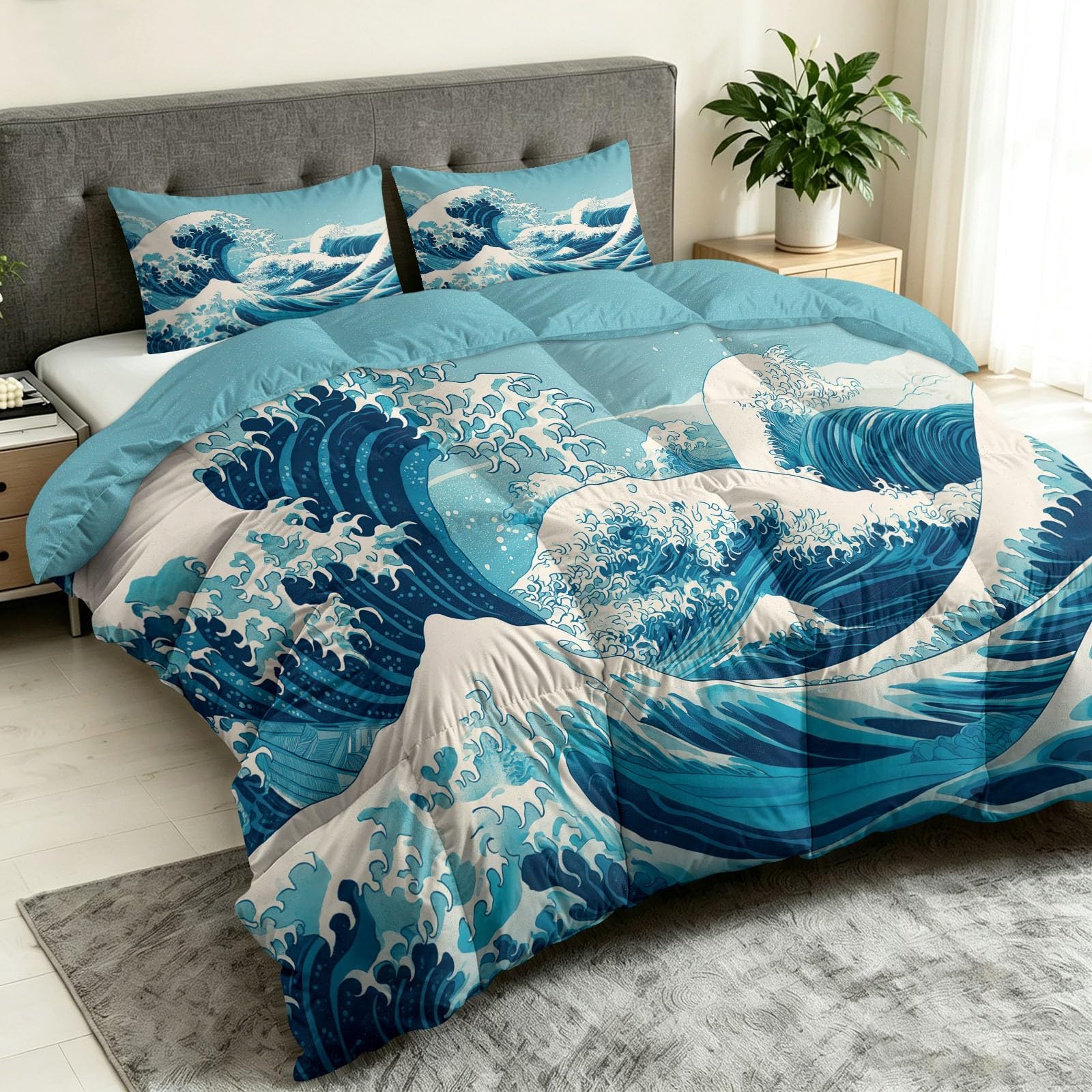 Generisch Japońska kołdra Ukiyo-e 200 x 220 cm na 4 pory roku, fale oceaniczne, całoroczna kołdra - miękka kołdra pikowana bez poszewki, nadająca się do prania, niebieska pościel z 2 poszewkami na