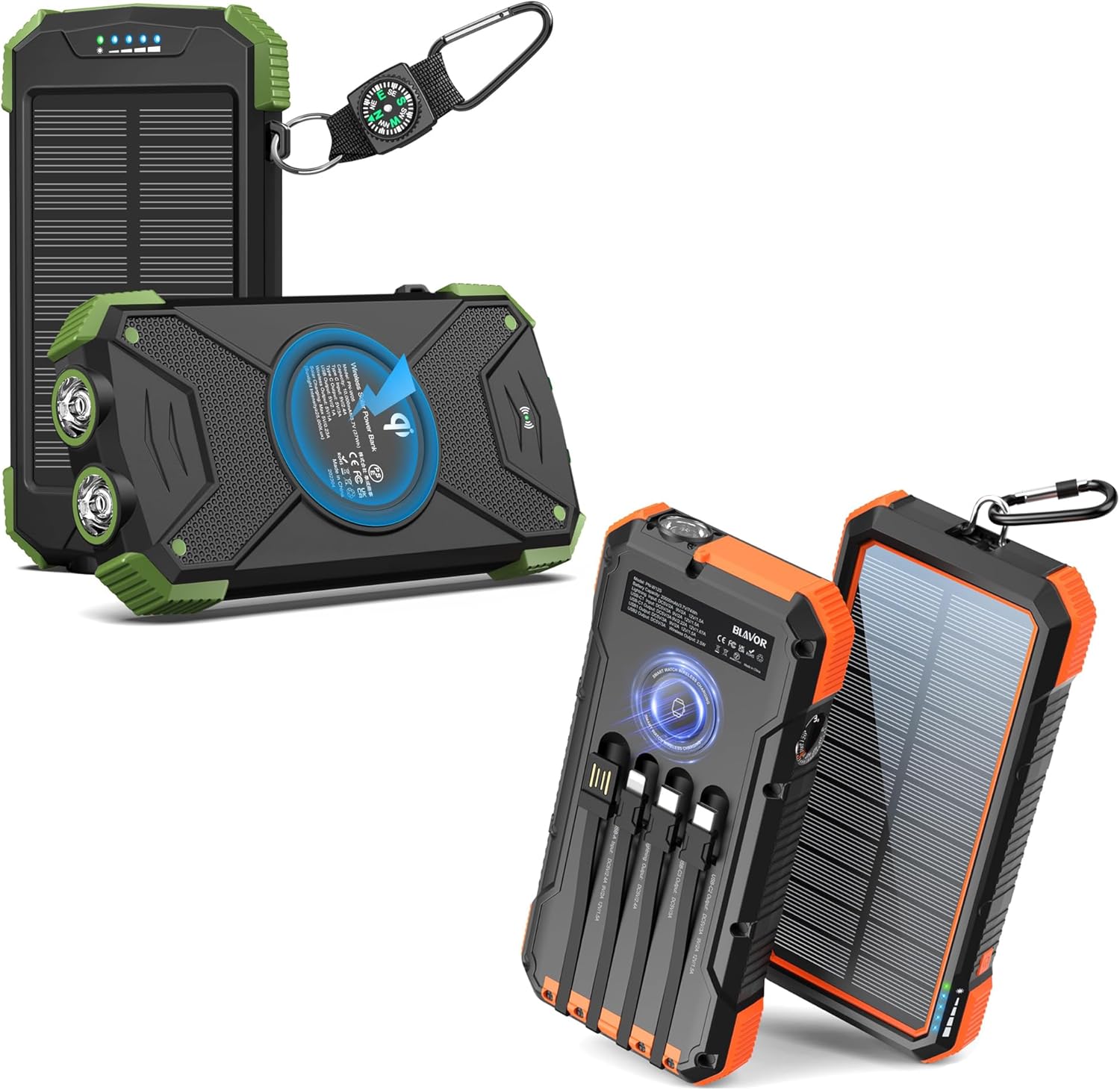 BLAVOR Solar Charger Power Bank 10,000mAh, Portable Wireless Charger, 20W Fast Charging External Battery Pack with USB C for Cell Phones, Solar Power Bank 20000mAh Built in 4 Cables