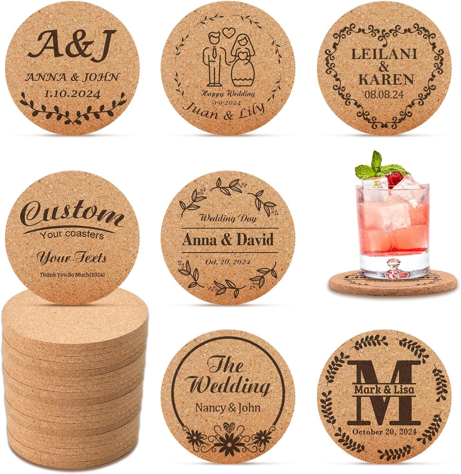 Personalized Cork Coasters Bulk Wedding Favors for Guests Engraved Custom Coasters for Drinks Non-Slip Heat-Resistant Business Promotional Items (Design 5)