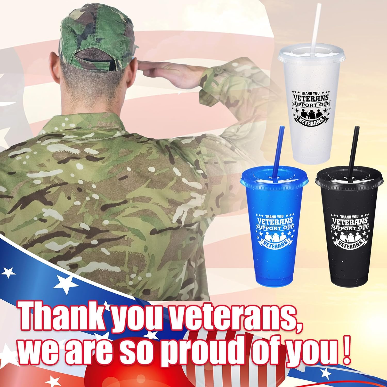 Skylety 24 Pcs Thank You Veterans Plastic Cups 24 oz Patriotic Memorial Day Party Gift Supplies Tumbler Plastic Coffee Cups with Straws and Lids for 4th of July Independence Day Party Supplies