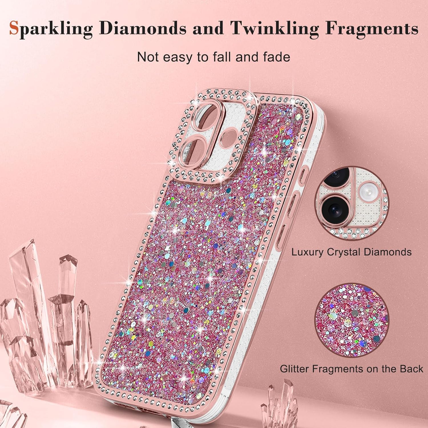Lafunda for iPhone 16 Case Glitter, Luxury Shiny Bling Sparkly Phone Cover with Crystal Diamonds Rhinestone for Women Girls Soft TPU Slim Shockproof Protective Phone Case for iPhone 16 6.1", Pink - Image 5
