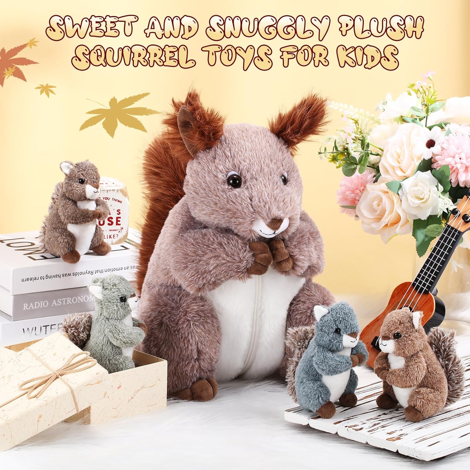 Poen 5 Pcs Squirrel Stuffed Animals Set 14'' Mommy Squirrel Plush with 4 Cute Baby Squirrels in Her Tummy Soft Cuddly Plushie for Boys Girls Birthday Gifts Christmas Woodland Party Decors