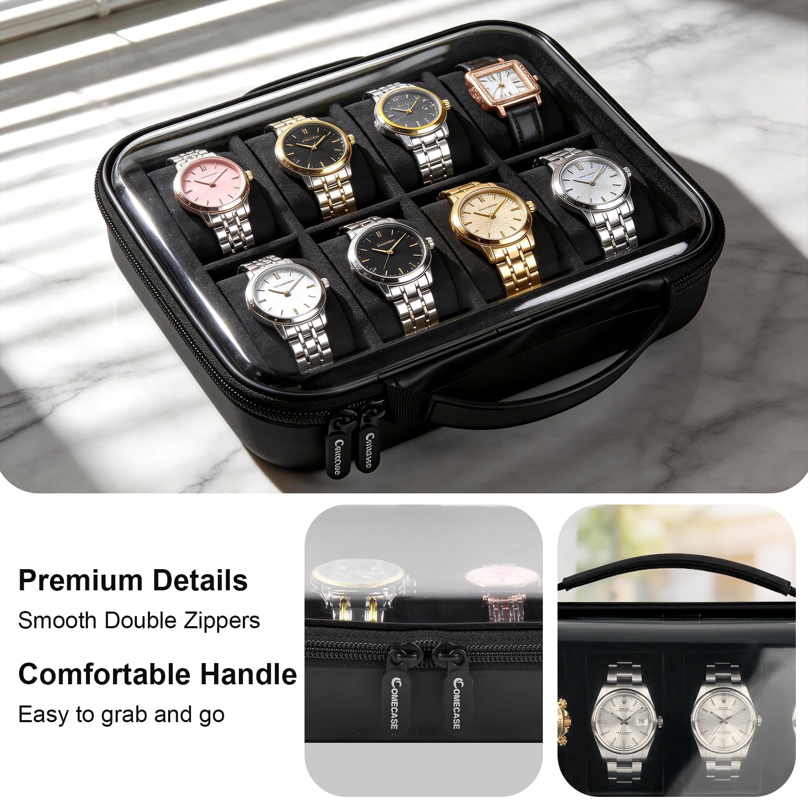 Comecase 8 Slot Watch Travel Case for Man, Clear Lid Hard Shell Watch Box view 4