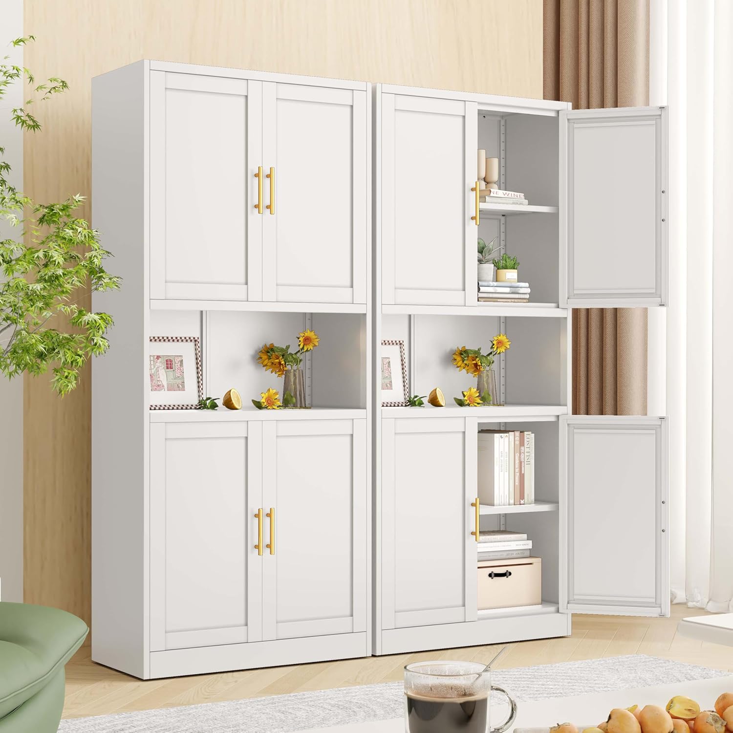 61.02" Kitchen Pantry Cabinet, Large Metal Storage Cabinet with 4 Doors and 1 Open Storage Compartment, Corner Display Organizer with 2 Adjustable Shelves for Kitchen Bedroom or Hallways (White)