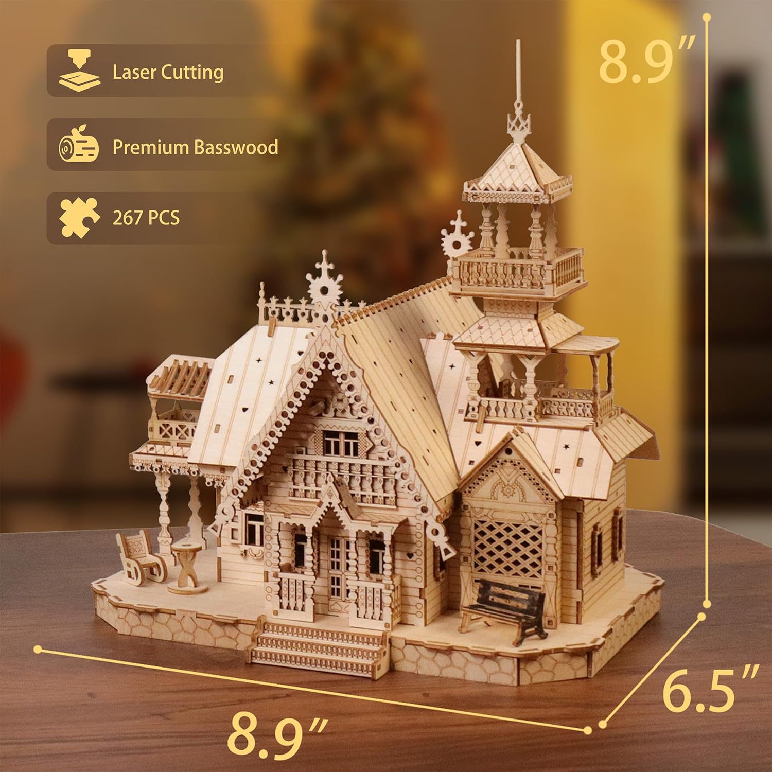 LED Wooden Vintage Villa Model - USB Powered Night Light, 3D Puzzles for Adults, Stress Relief DIY Building Kit, Home Desk Decor, Thanksgiving