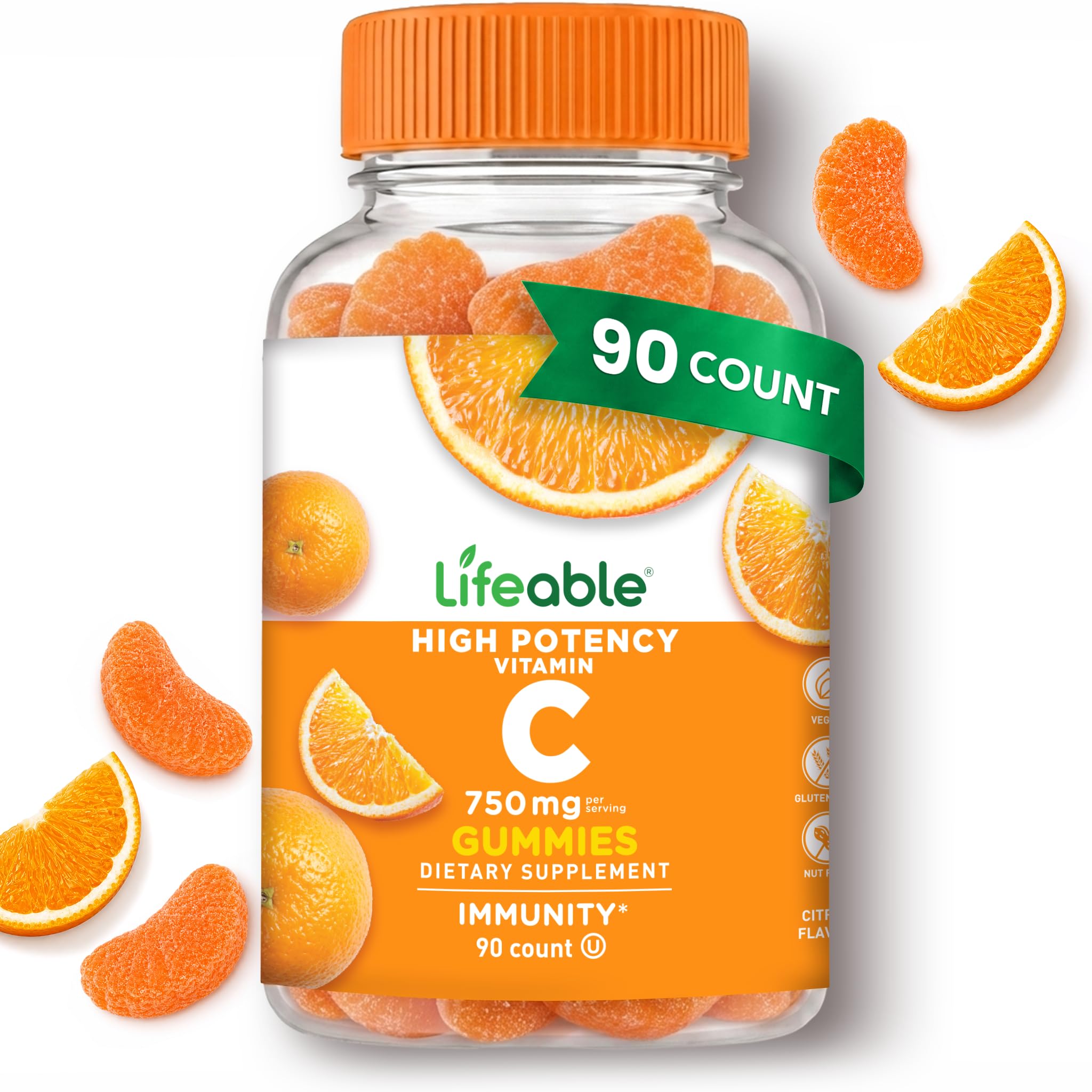 Lifeable Vitamin C Gummies for Adults, 750 mg, Orange, Vegan, 90 Count