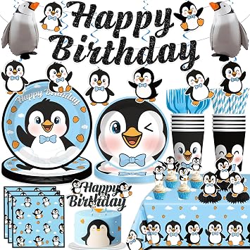 Xynic 179pcs Penguin Birthday Decorations Complete Tableware Set, 25 Guests | For 25 Guests, Easy Set Up, 300 gsm Thick Paper Plates, Waterproof Tablecloth, Disposable, HD Printed