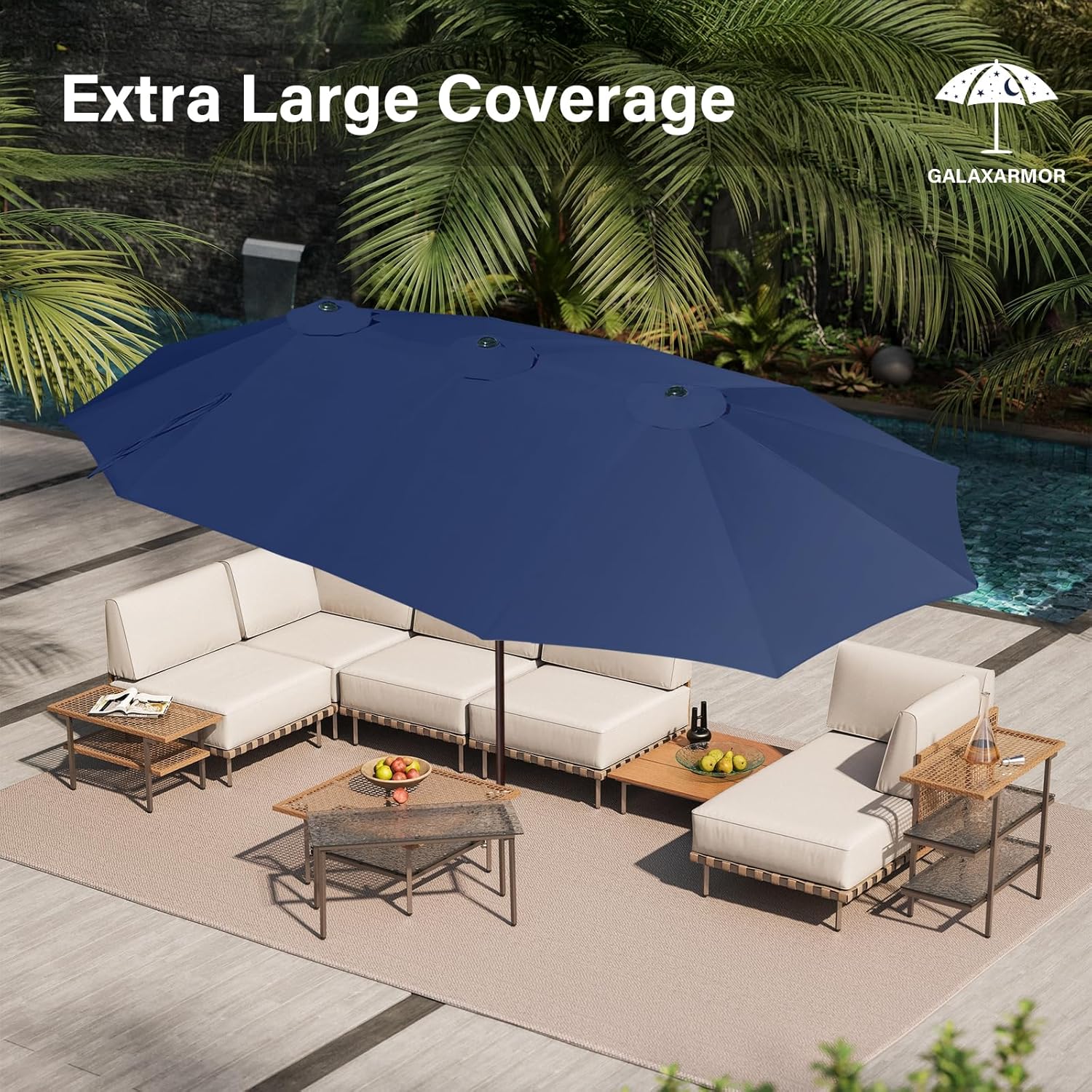 15ft Double Sided Patio Umbrella with Solar Lights, Outdoor Large Umbrellas with Crank Handle and 36 LED Lights, Rectangular Market Umbrella with Base Included for Deck Pool Shade (With Base)
