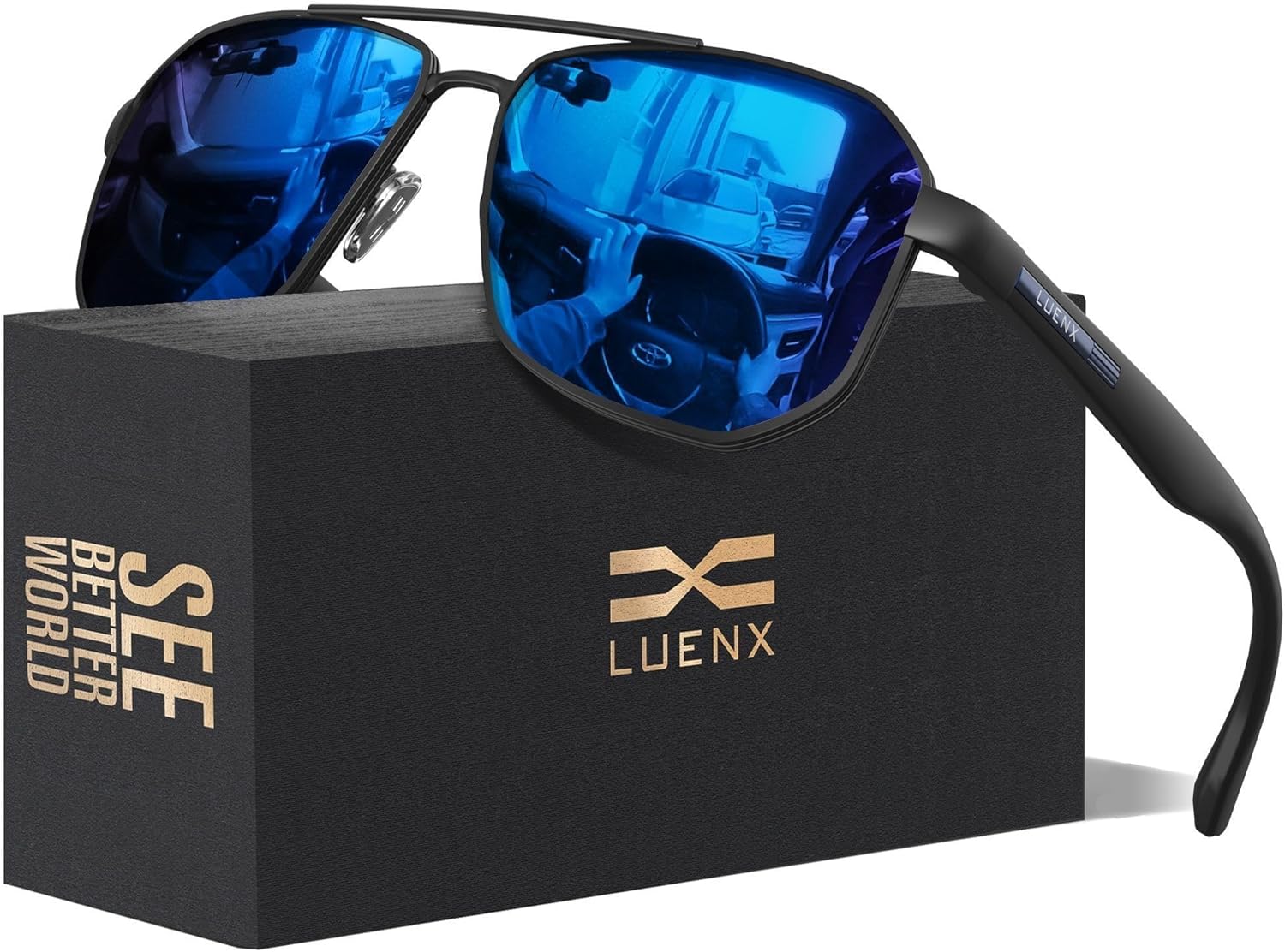 LUENX Aviator Sunglasses for Men Square Polarized Polygon Lens - UV 400 Protection with Accessories 61MM Driving Outdoor