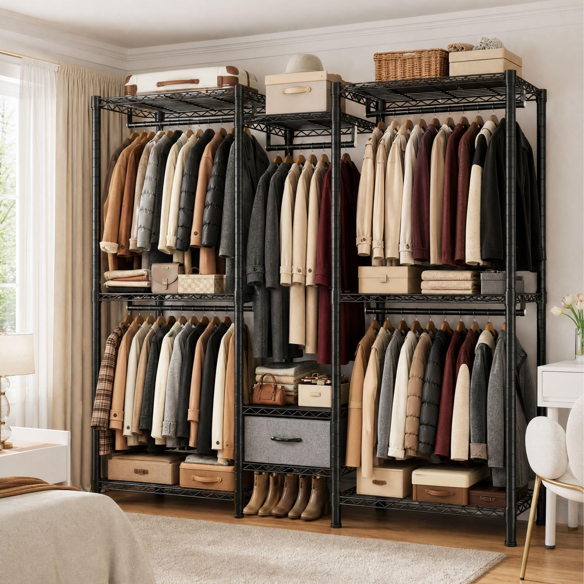 Burro ropa resistente, Armarios dormitorio metálico con 8 estantes regulables en altura, 5 barras para ropa y 1 cajón, 550 KG de carga, Perchero burro ropa, 189x45x194,5 cm, Negro