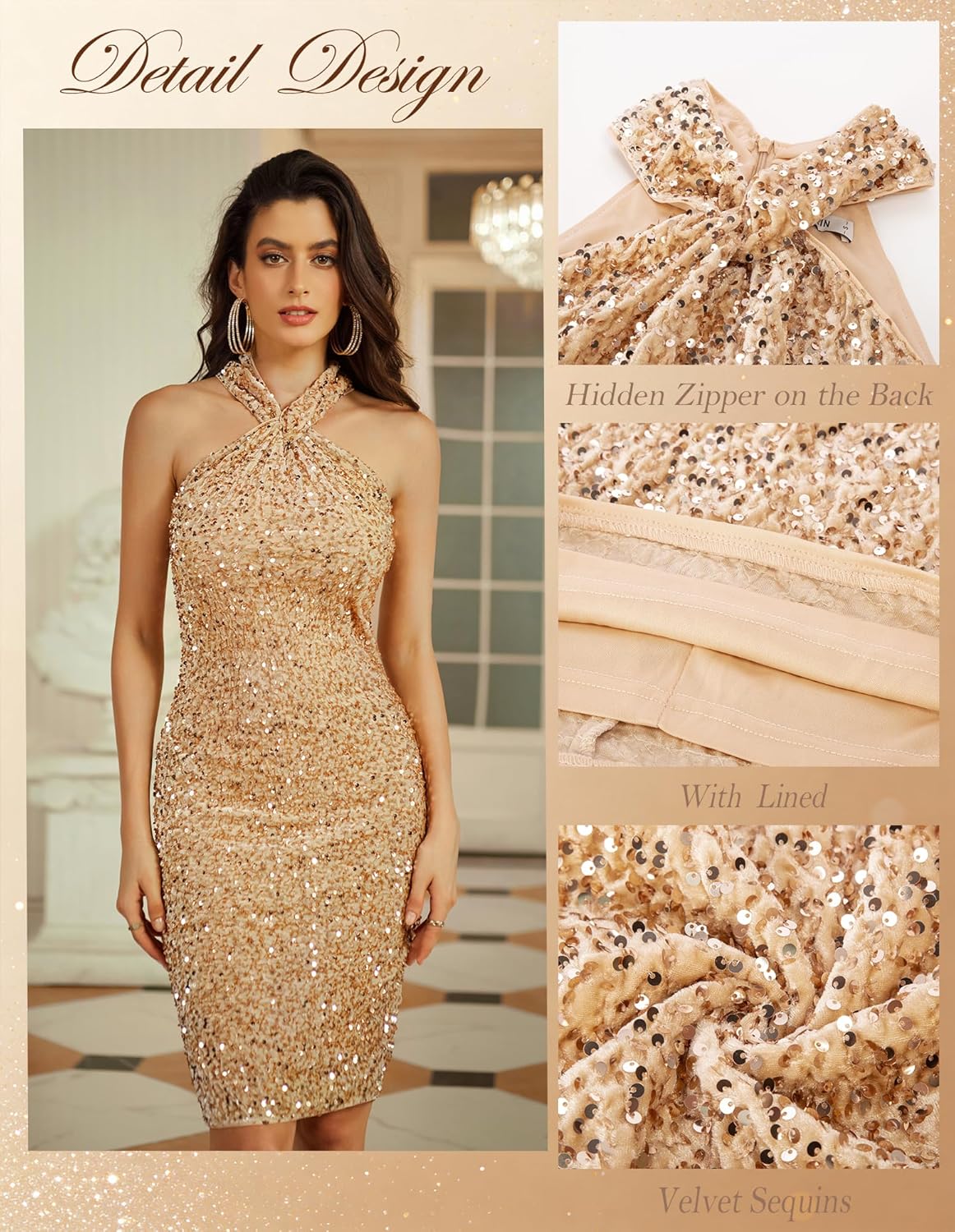 GRACE KARIN Sequin Dress for Women Sleeveless Sparkly Glitter Halter Dress Bodycon Mini Club Dresses 2025 - Image 2