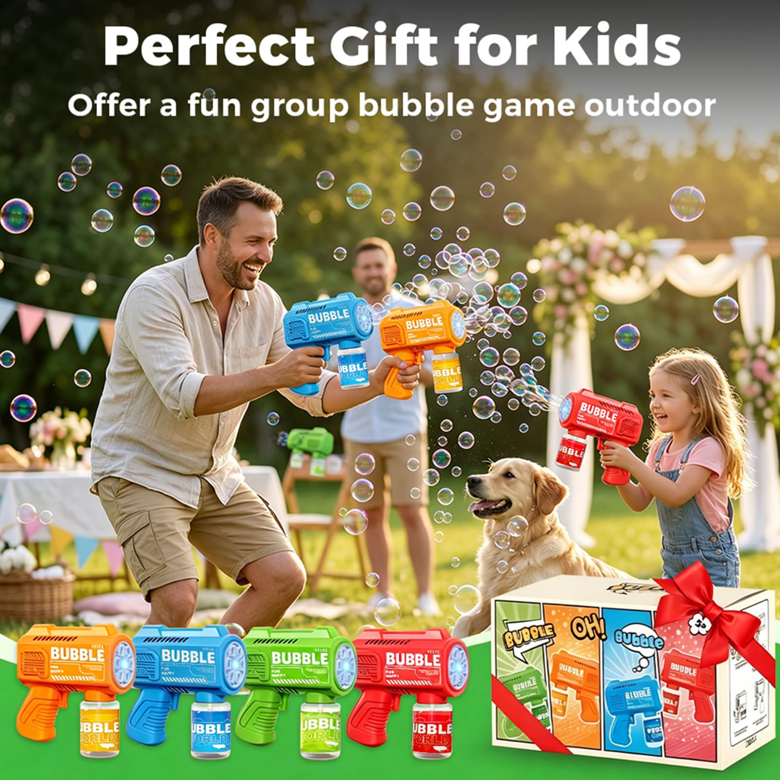 4PCS Pistolets à Bulles pour Enfants, Machine Bulles Automatique 5000+ Bulle par Minute avec Lumières/Solution(4 Flacons+10 Recharge),Souffleur de Bulles pour D'extérieur Cadeau Fête Mariage