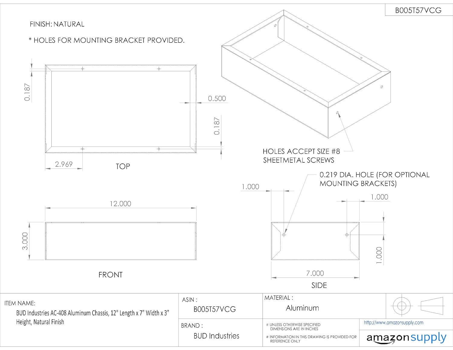 BUD Industries AC-408 Aluminum Chassis 12" L x 7" W x 3" D, Natural