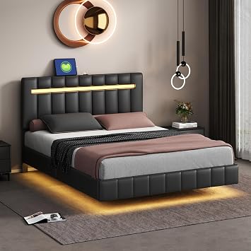 Queen Size Floating Bed Frame with LED Lights and USB Charging,Modern Upholstered Platform LED Bed Frame Black+PU, Queen