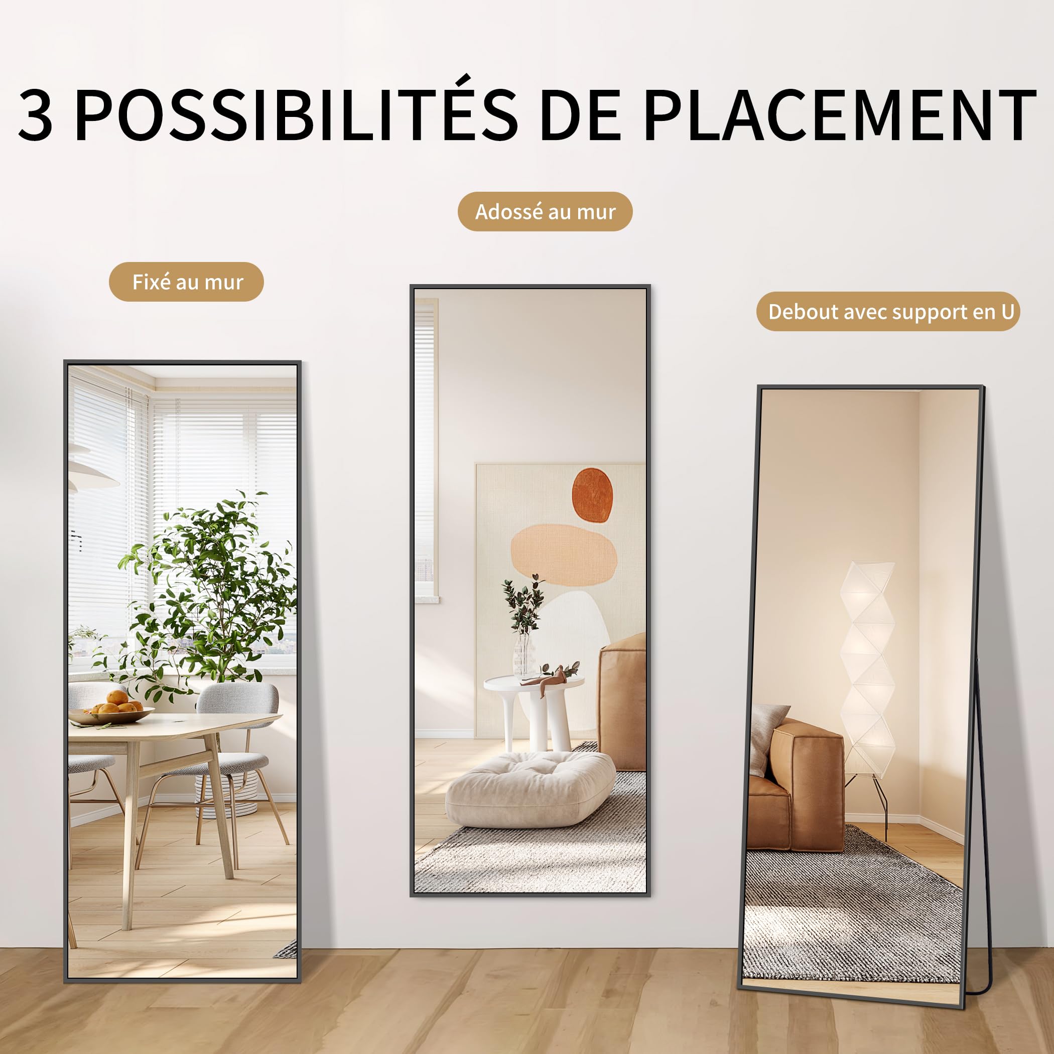 Miroir Intégral 44 x 147 cm Rectangulaire Grand Miroir Mural Cadre Noir