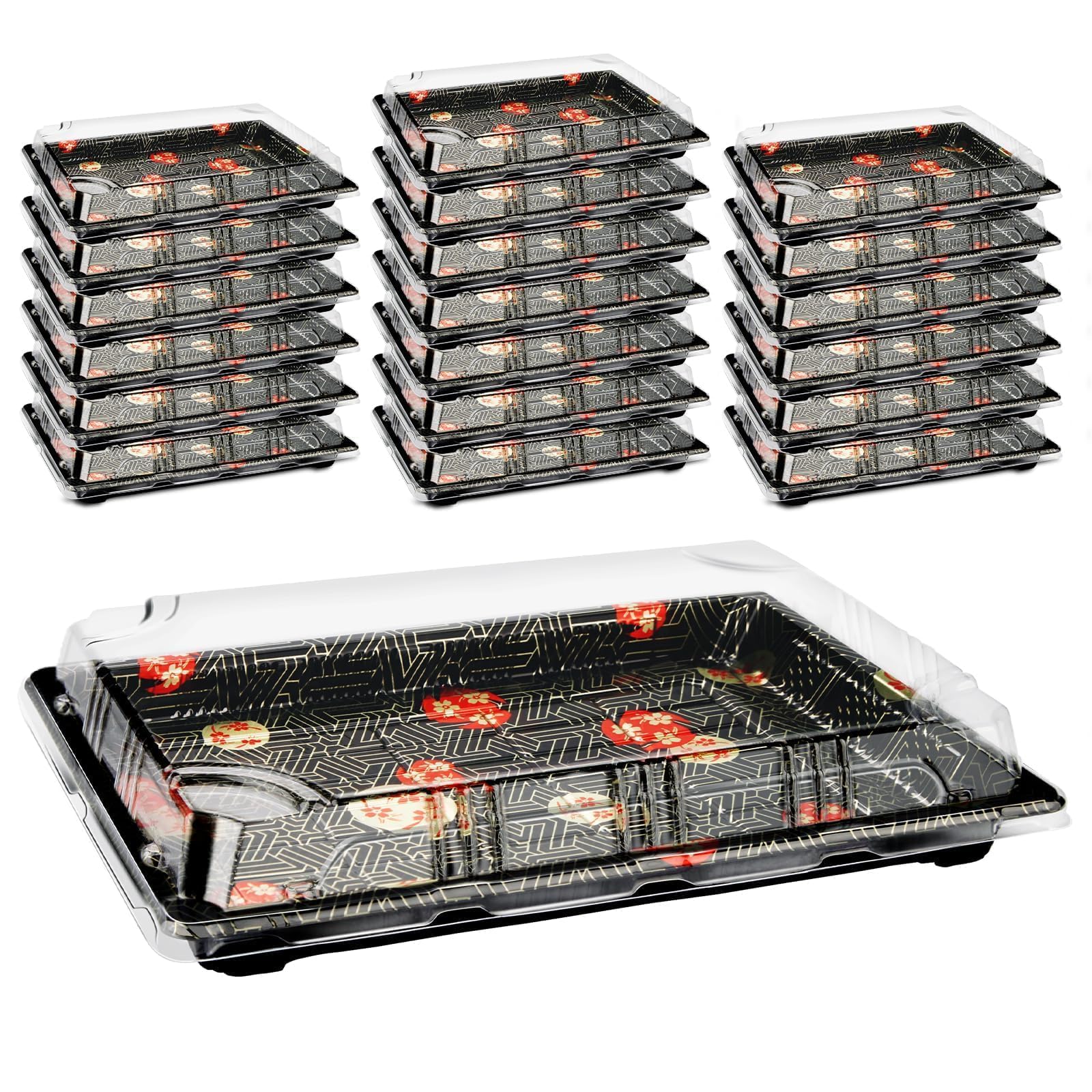 Mbsomnus 6 Vassoi Da Buffet In Plastica Con Coperchio, Riutilizzabili, Per Catering, Panini, Panini, Dolcetti, Per Feste, Cibo, Torte, Sushi E Buffet (39,3 X 27 X 6,2 Cm, Foglia - Foto 3