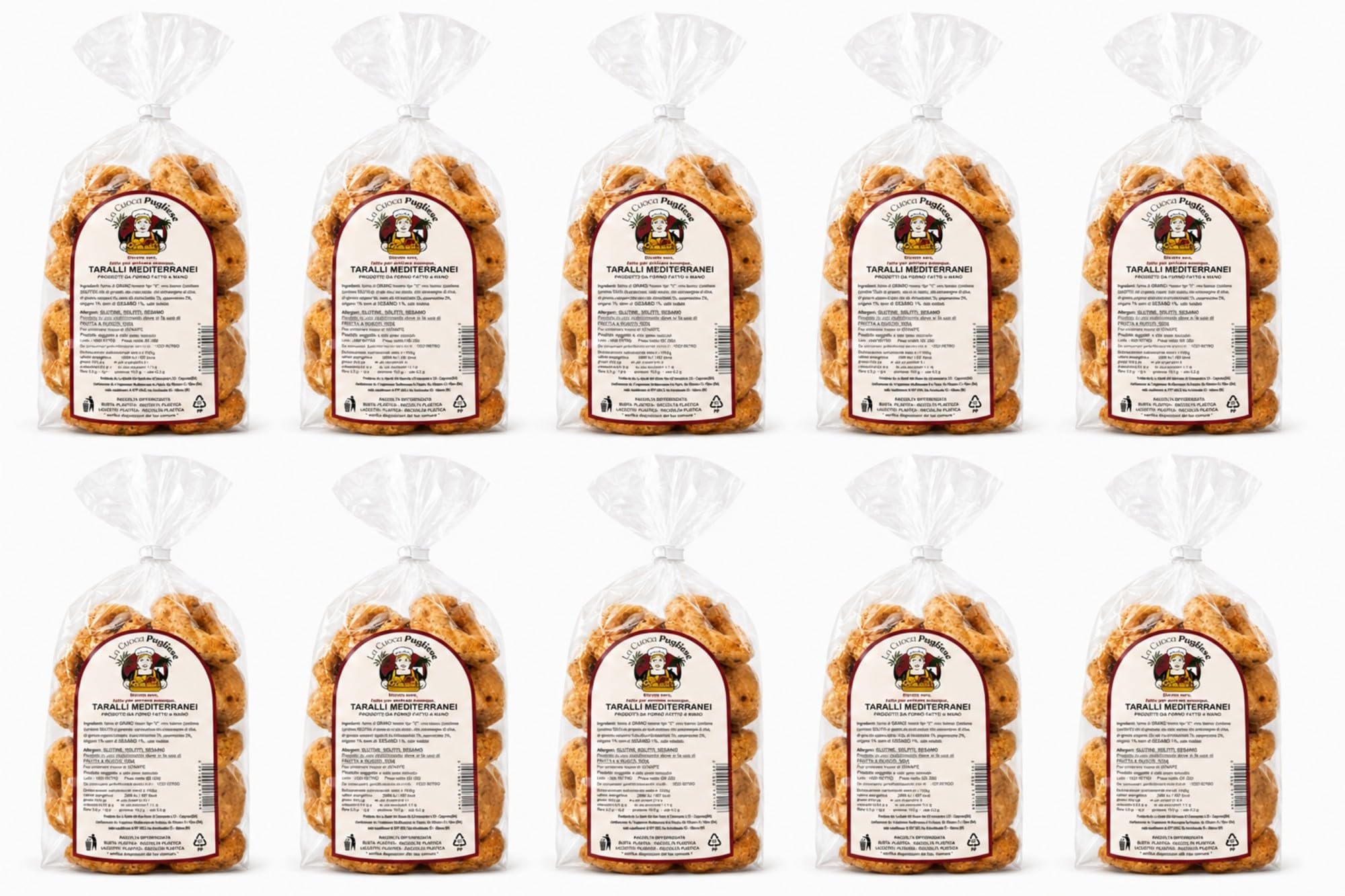 La Cuoca Pugliese - Taralli Mediterranei Artigianali Pugliesi, Taralli Salati Croccanti, Snack da Forno Tradizionale, Ideali per Aperitivi, Confezione da 10 x 300 g