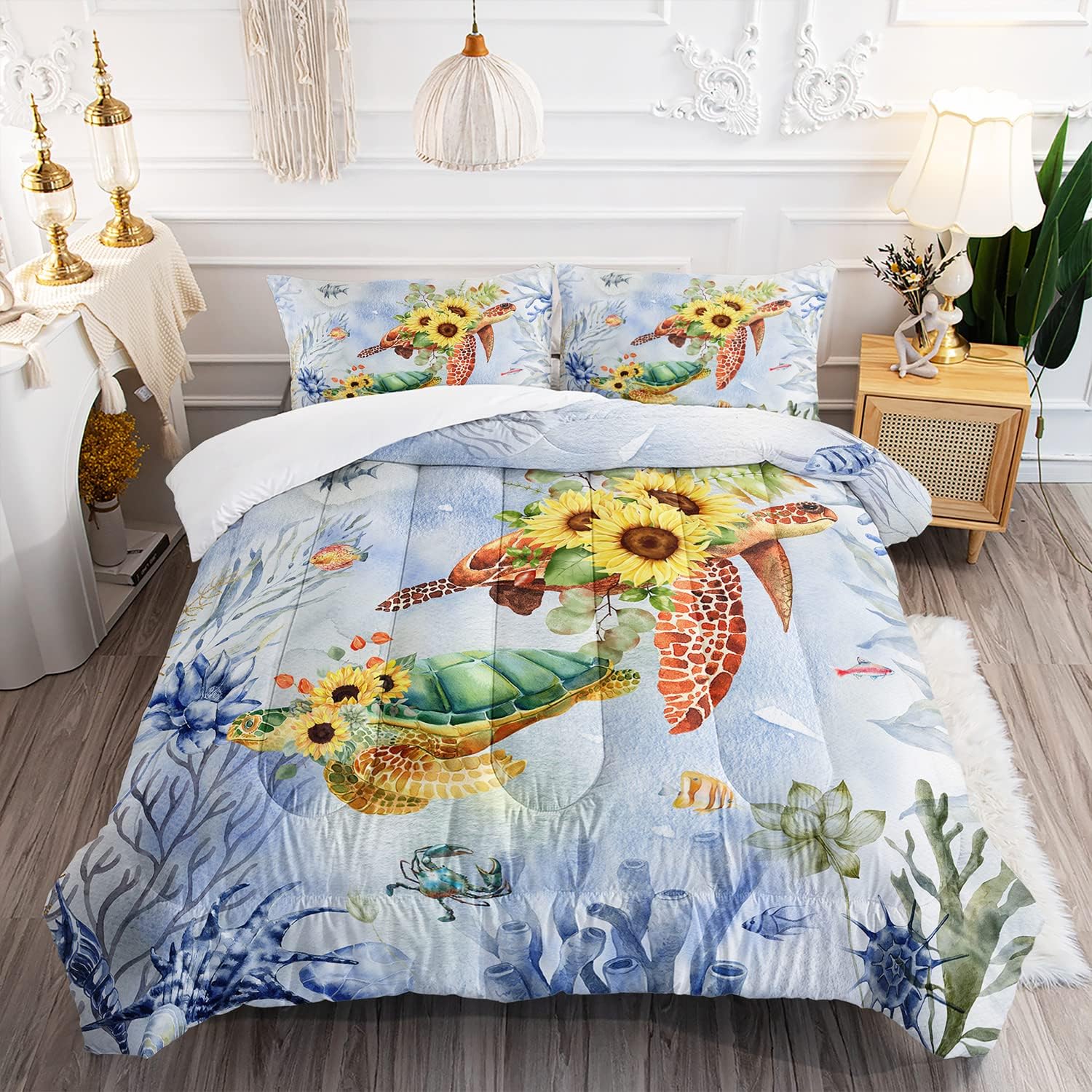 XYNHML Turtle Comforter Set Full Sunflower Ocean Watercolor