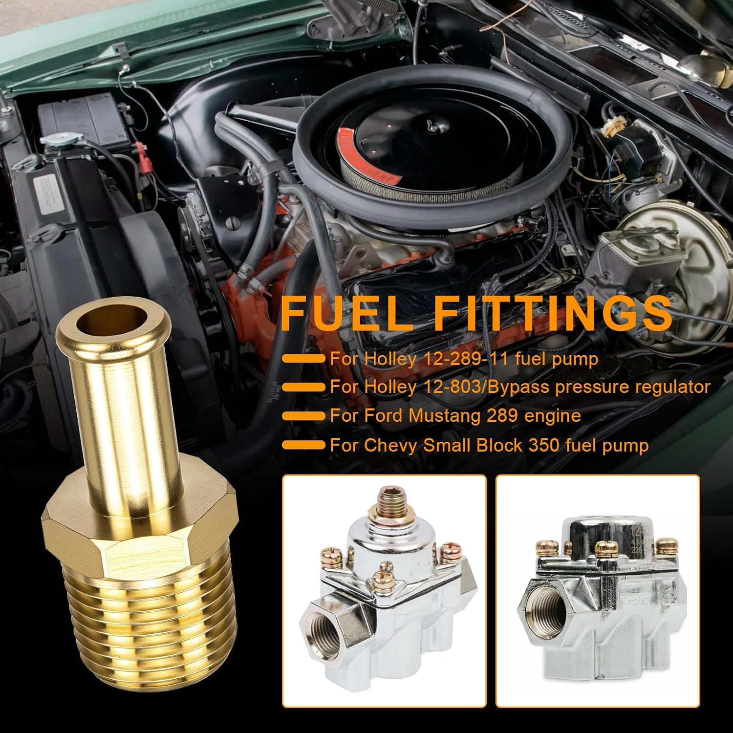 Fuel Hose Fitting Adapter 3/8" NPT to Hose Barb -65380 Fuel Line Fittings Compatible with Holley 12-289-11 & 350 SBC Fuel Pump Electric, Bypass Pressure Regulator 12-803 for Ford Mustang 289
