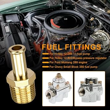 Fuel Hose Fitting Adapter 3/8 NPT to Hose Barb -65380 Fuel Line Fittings Compatible with Holley 12-289-11 & 350 SBC Fuel Pump Electric, Bypass Pressure Regulator 12-803 for Ford Mustang 289