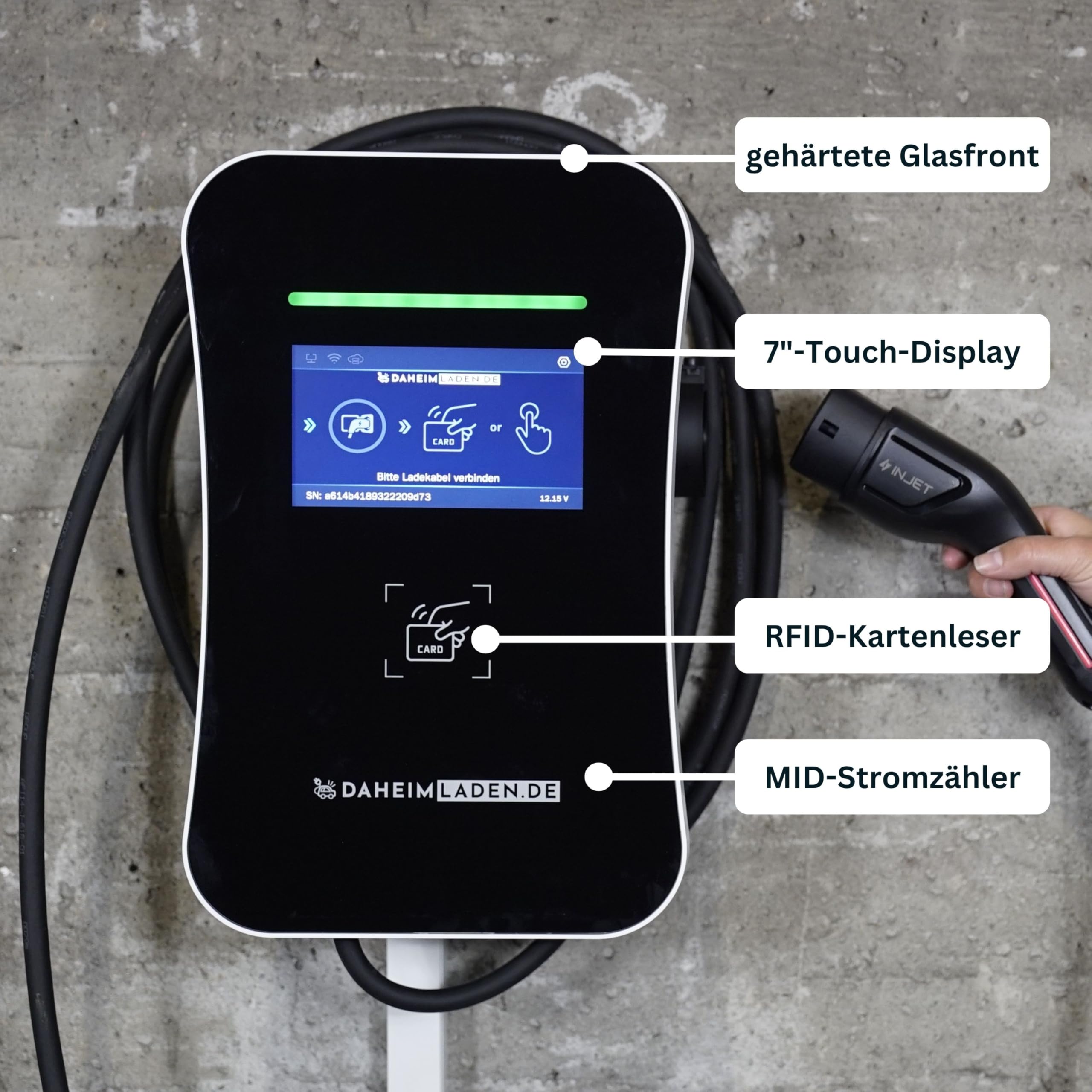 DAHEIM LADEN.DE Touch PRO Wallbox 11kW, mit 7.5m Ladekabel, mit App, MID-Stromzähler, PV-Überschussladen, Lastmanagement, RFID, 14a