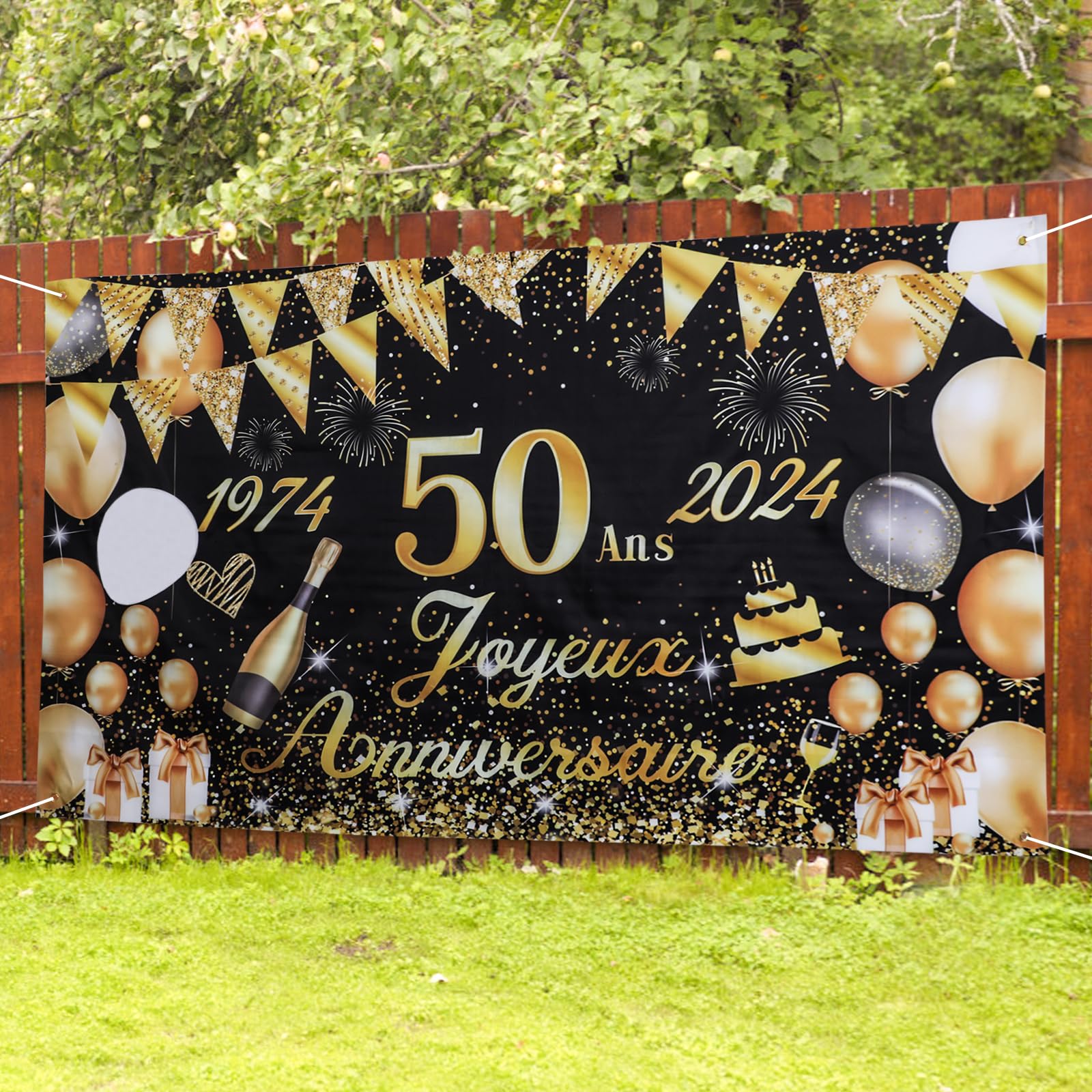 Banderole Joyeux Anniversaire Seutgjie - 180x110cm, Or Noir - Toile De Fond Fête, Décoration Réutilisable