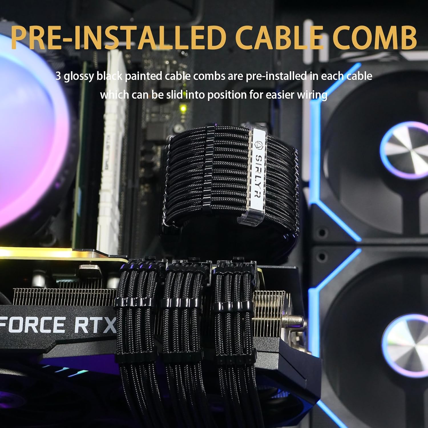 Sirlyr PSU Cable Extension Kit – 16AWG Power Supply Cables (1x 24Pin ATX / 2X 8Pin EPS / 3X 8Pin PCIE), 13in Gold-Plated GPU Extensions, Pre-Bent Design & Dual Cable Combs (Black Nylon Braided)