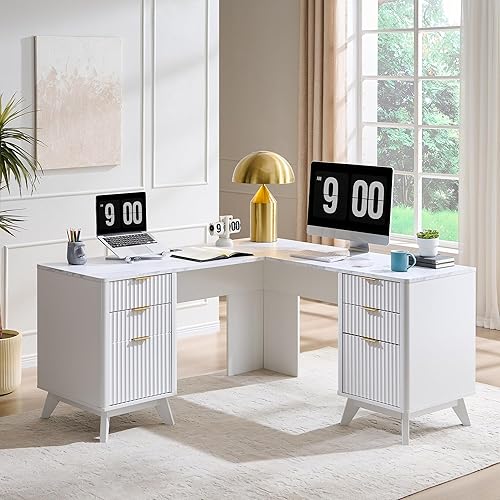 T4TREAM Escritorio ejecutivo en forma de L de 60 pulgadas, moderno escritorio de oficina en casa con estación de carga y cajón de archivos,
