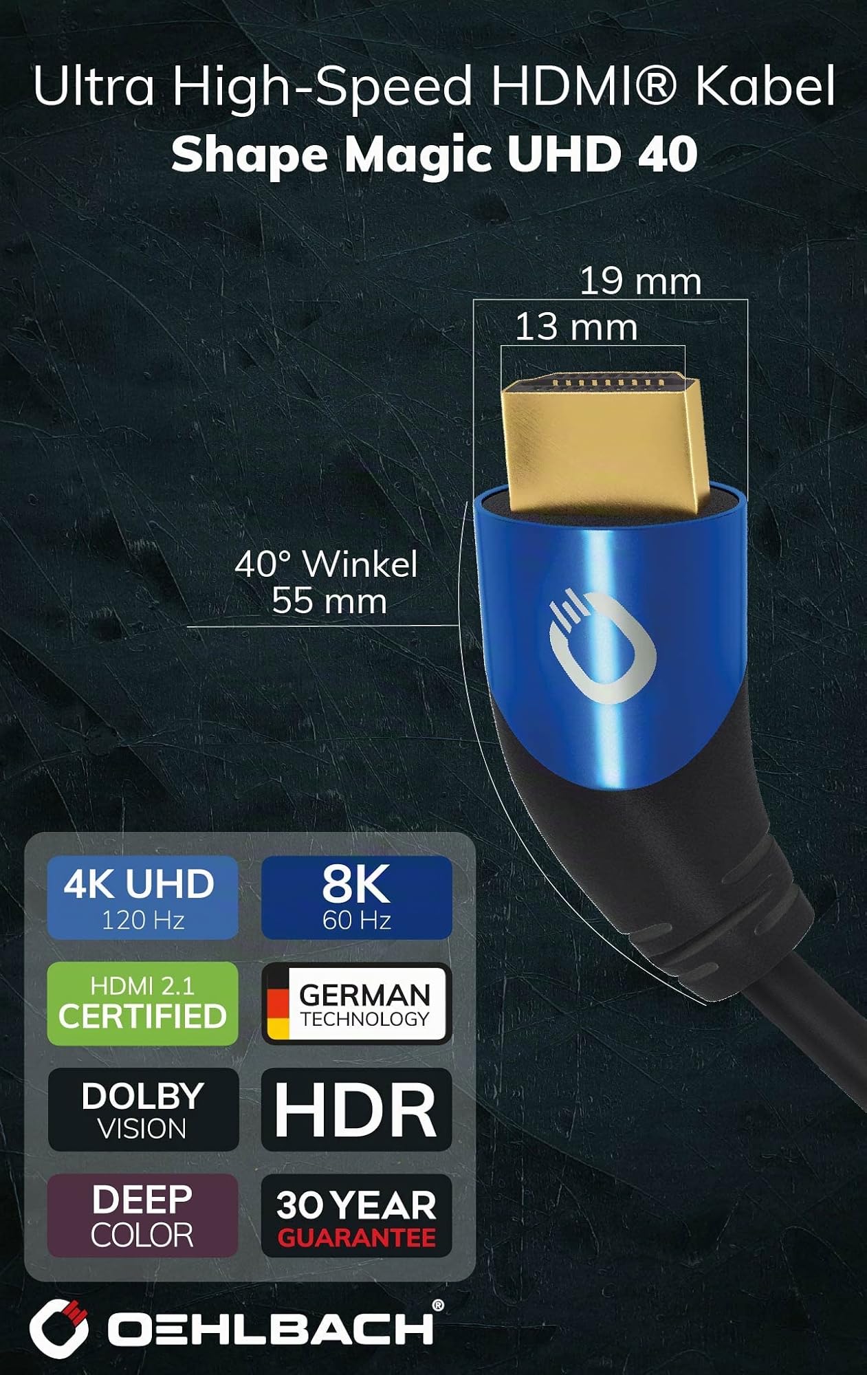 Oehlbach Shape Magic 40-8K Ultra High Speed 2.1 HDMI-Kabel - Zertifiziert 48 Gbps (40 Grad Winkelstecker 3-Fach Schirmung OFC Kupfer Vollmetallstecker) schwarz - 3m