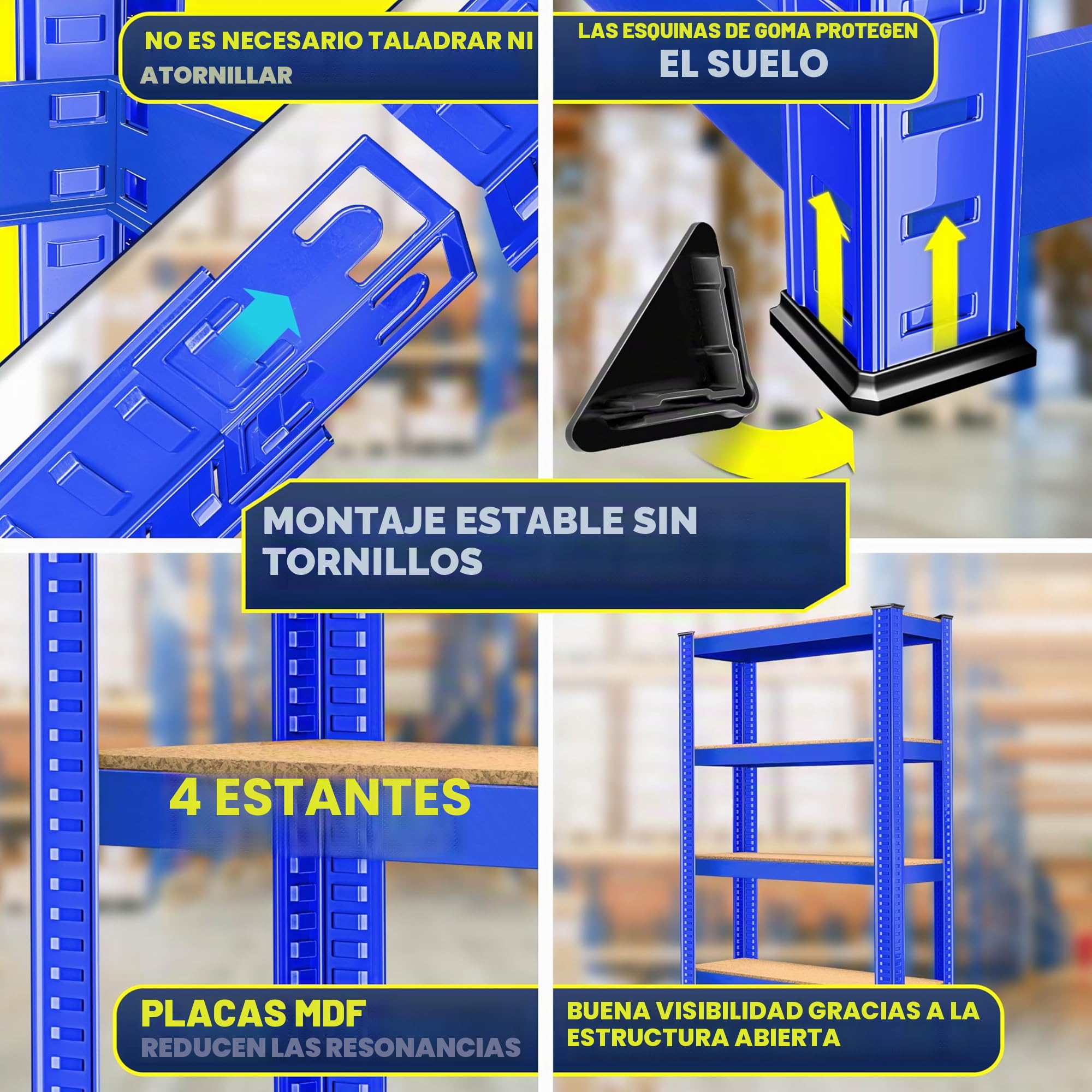 MASKO® Set de 2 estanterías de almacenamiento para cargas pesadas, 160 x 80 x 40 cm, hasta 700 kg, 4 estantes ajustables, tablero de fibra de densidad media y metal, para taller, sótano, garaje, azul