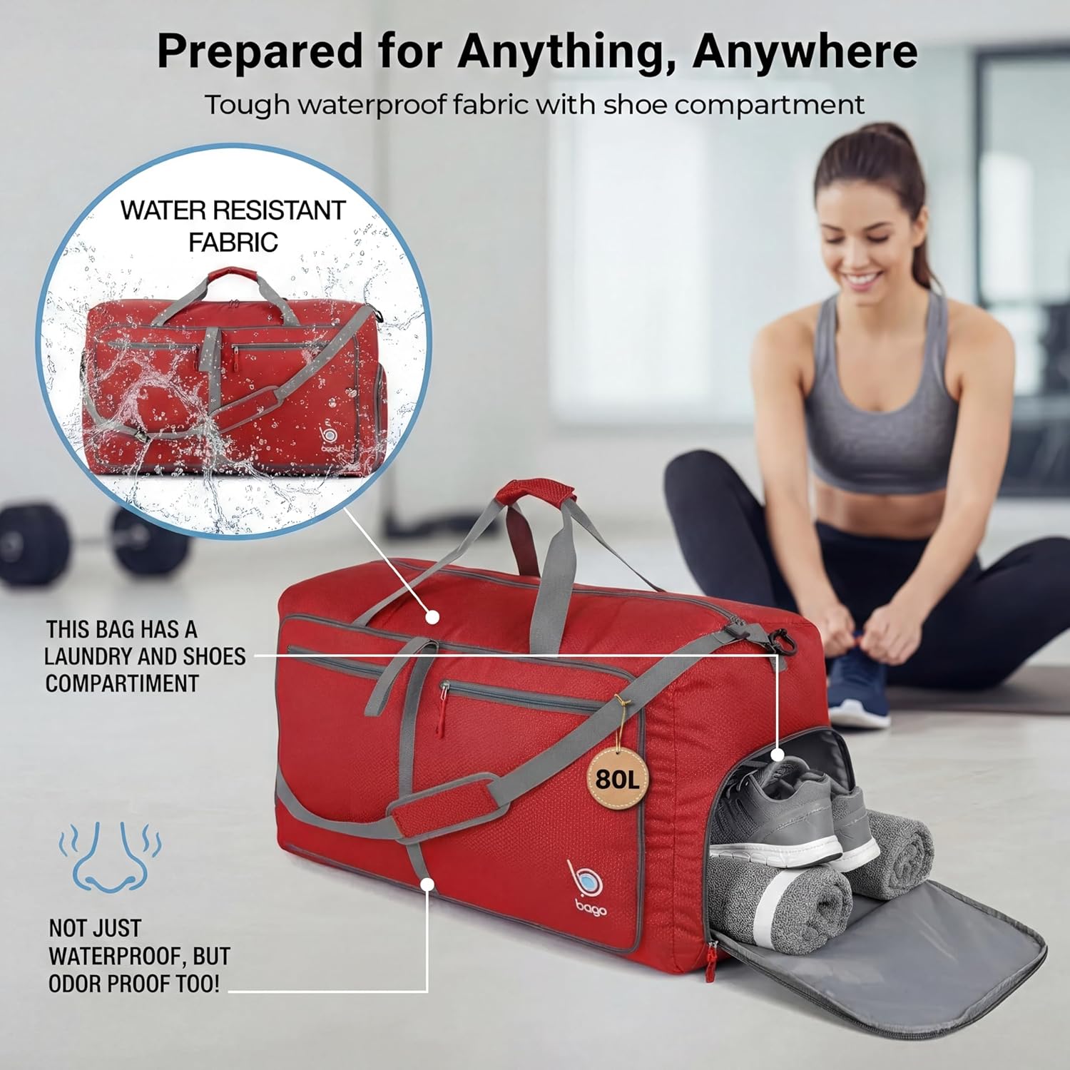 Bago Large Duffle Bag for Travel Women & Men. Durable Lightweight Foldable Travel Duffel Bags For Traveling Women. 80L Duffle Bags For Overnight Bag With Shoe Compartment Collapsible Weekender duffel