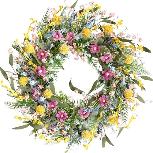 Corona de primavera y verano de 22 pulgadas para puerta delantera, colorida corona de flores silvestres con lavanda y forsythia, coronas florales