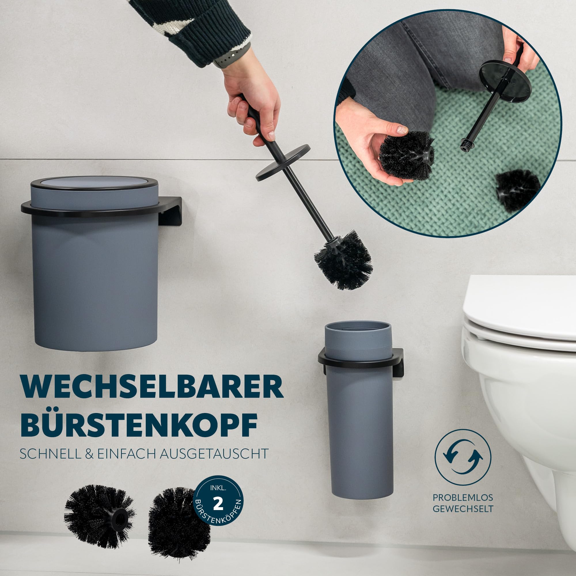 bremermann rundes 2tlg. Bad-Set Savona mit gummierter Softtouch-Oberfläche inkl. Wandhalterung zum Kleben oder Bohren, moderner Kosmetikeimer 5,5 Liter und WC-Garnitur aus Kunststoff (Grau)