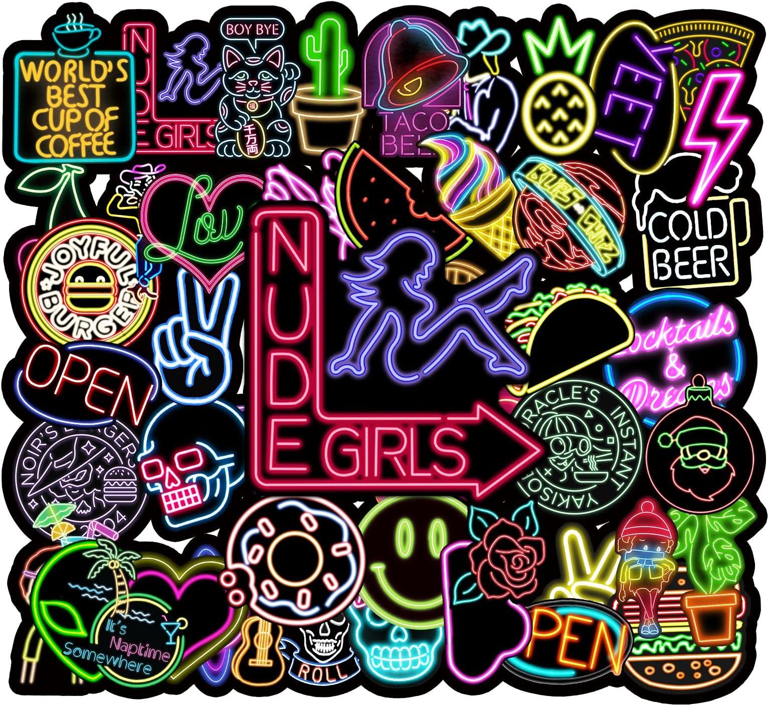 Neon Stickers Waterproof 50pcs for Water Bottles Adults Teens Girls Boys Cool Vinyl Stickers for Computer Cars Party Supplies Laptop Journaling