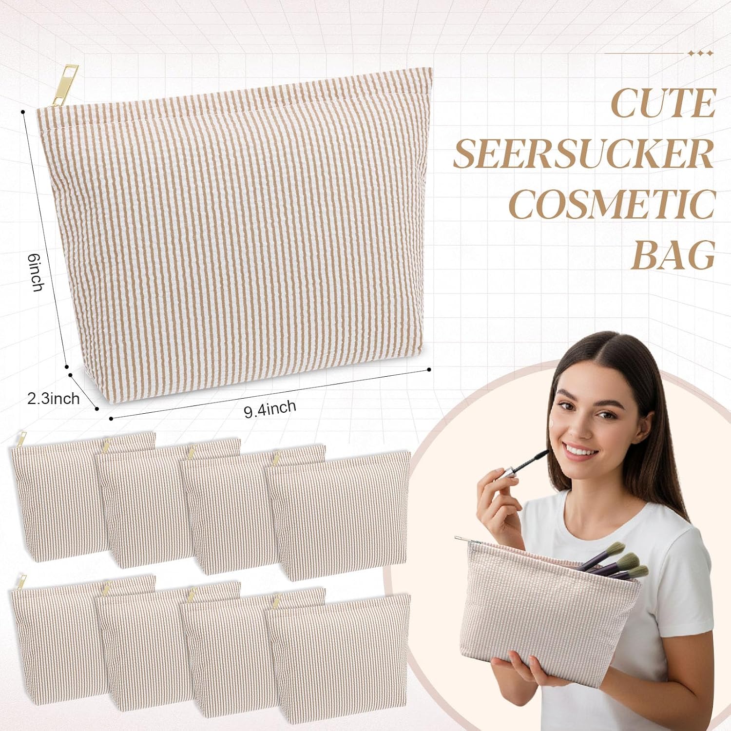 Sanwuta 8 Pcs Seersucker Makeup Bag Stripe Pouch for Women, Khaki