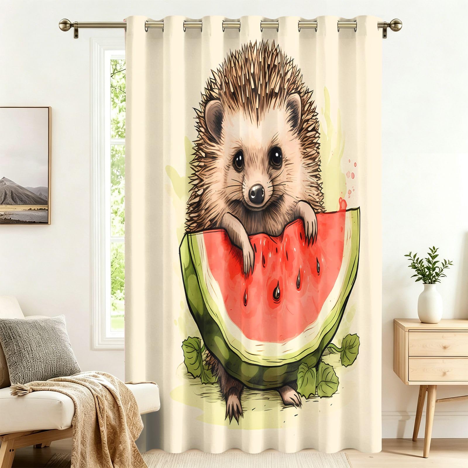 Fadaing Hedgehog and Watermelon Blackout Curtains with Eyelets, 1 Piece, Extra Wide Living Room Door Curtain, 137 x 132 cm, Privacy Screen, Opaque, Patterned, Against Heat, Darkening Room Divider