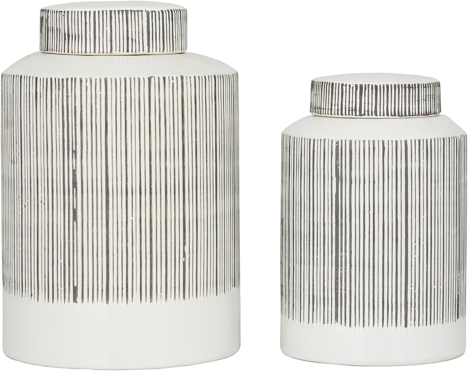 CosmoLiving by Cosmopolitan Ceramic Living Room Decorative Jars Striped Decorative Container, Set of 2 Jar with Lid 13", 11"H, White