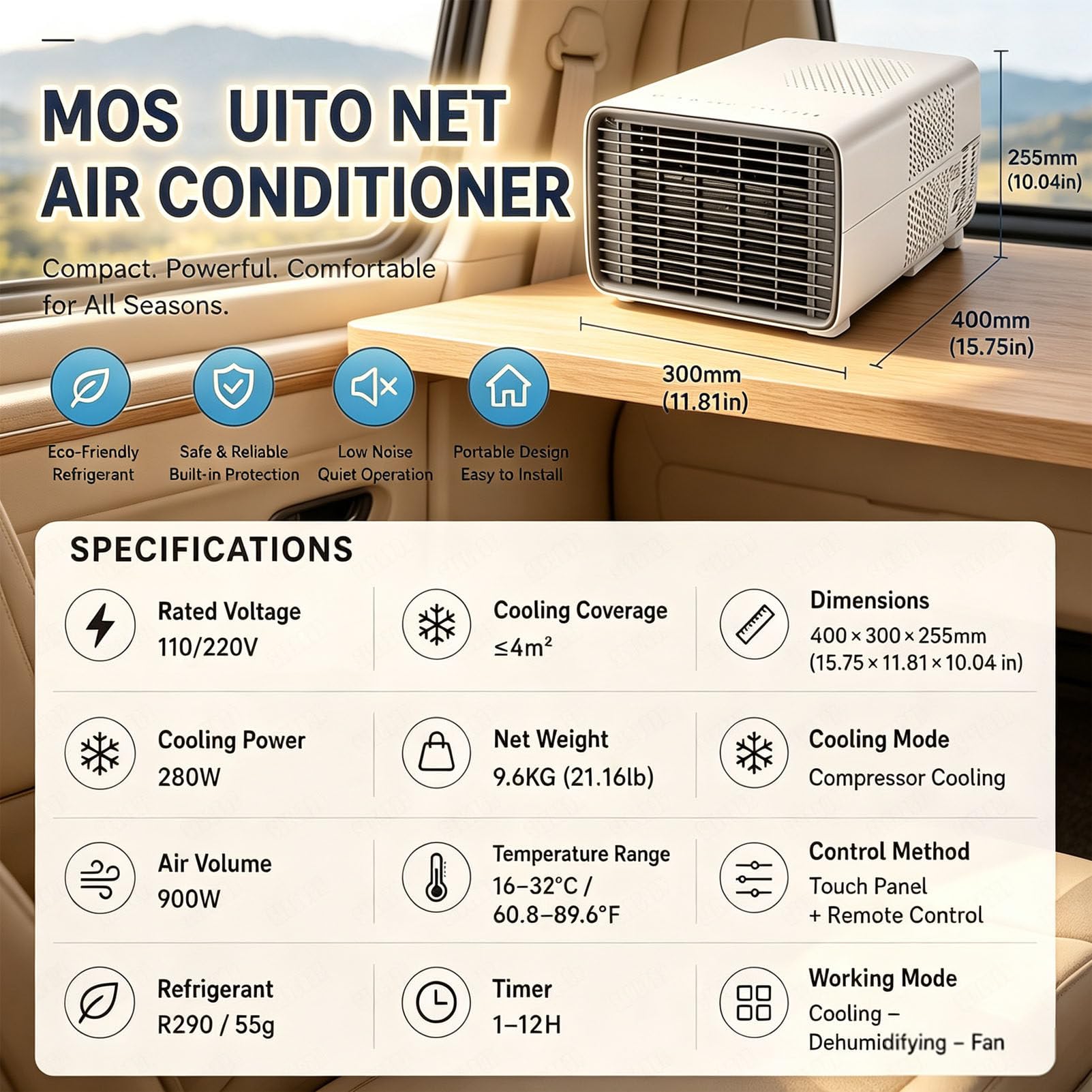 Condizionatore Portatile per Camper da 2700 BTU 220V | Questo condizionatore portatile da finestra offre le modalità raffreddamento, deumidificazione e ventilazione